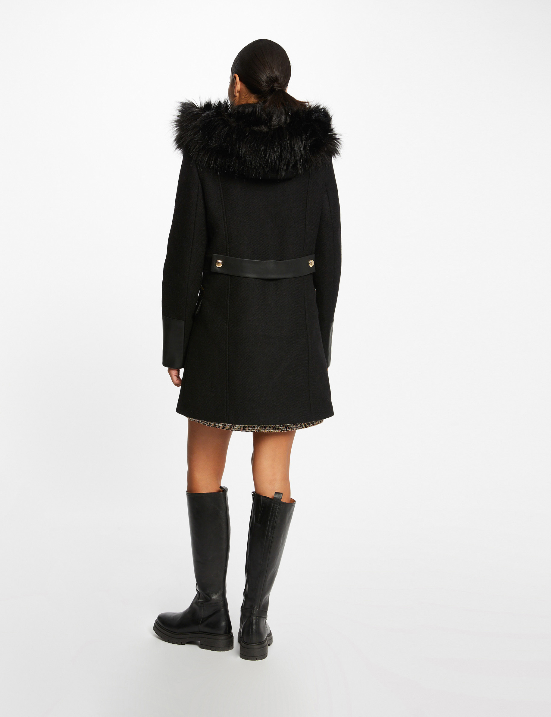 Manteau droit zippé à capuche noir femme Manteau droit zippé à capuche noir femme