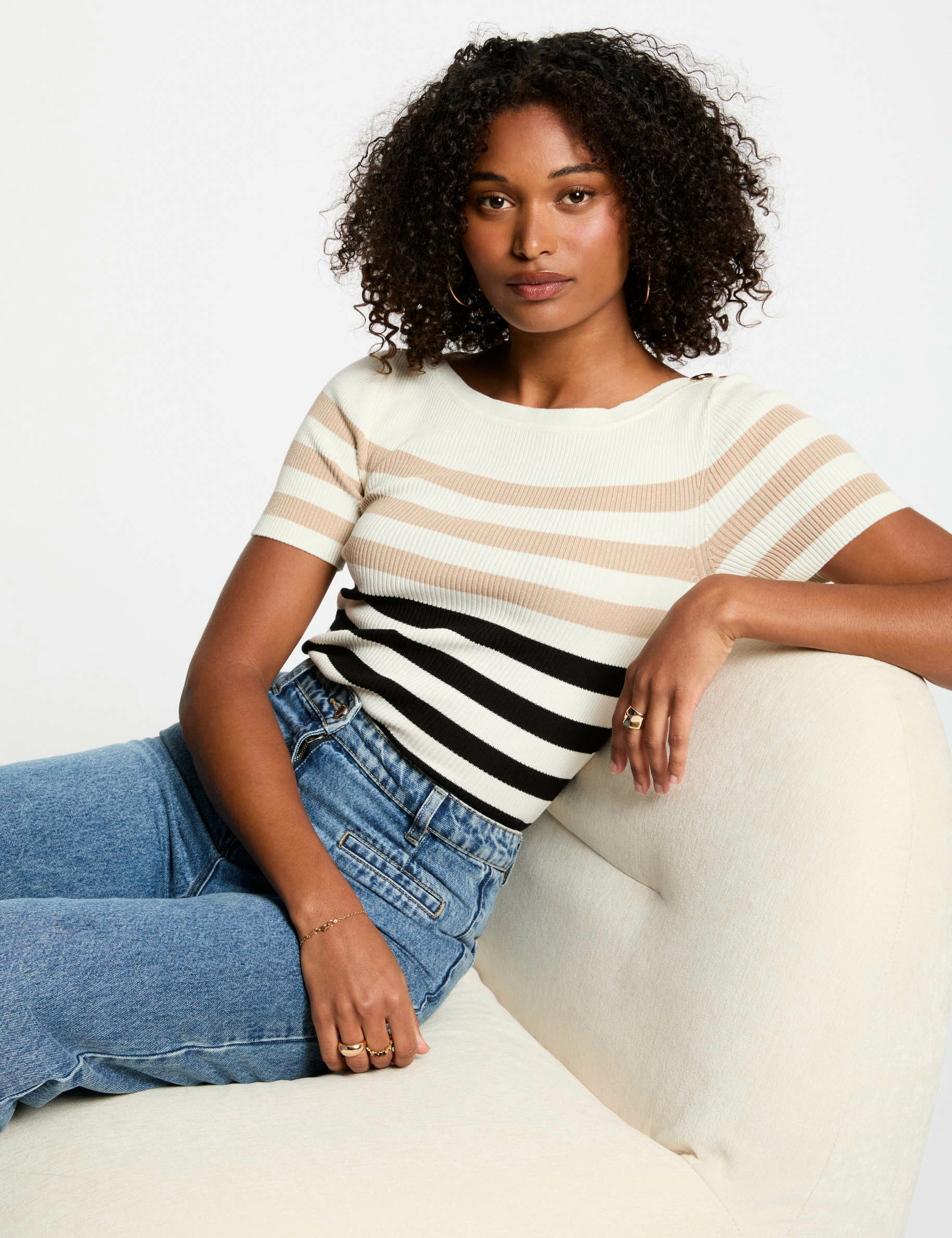 pull manches courtes raye ivoire femme Pull manches courtes rayé ivoire femme