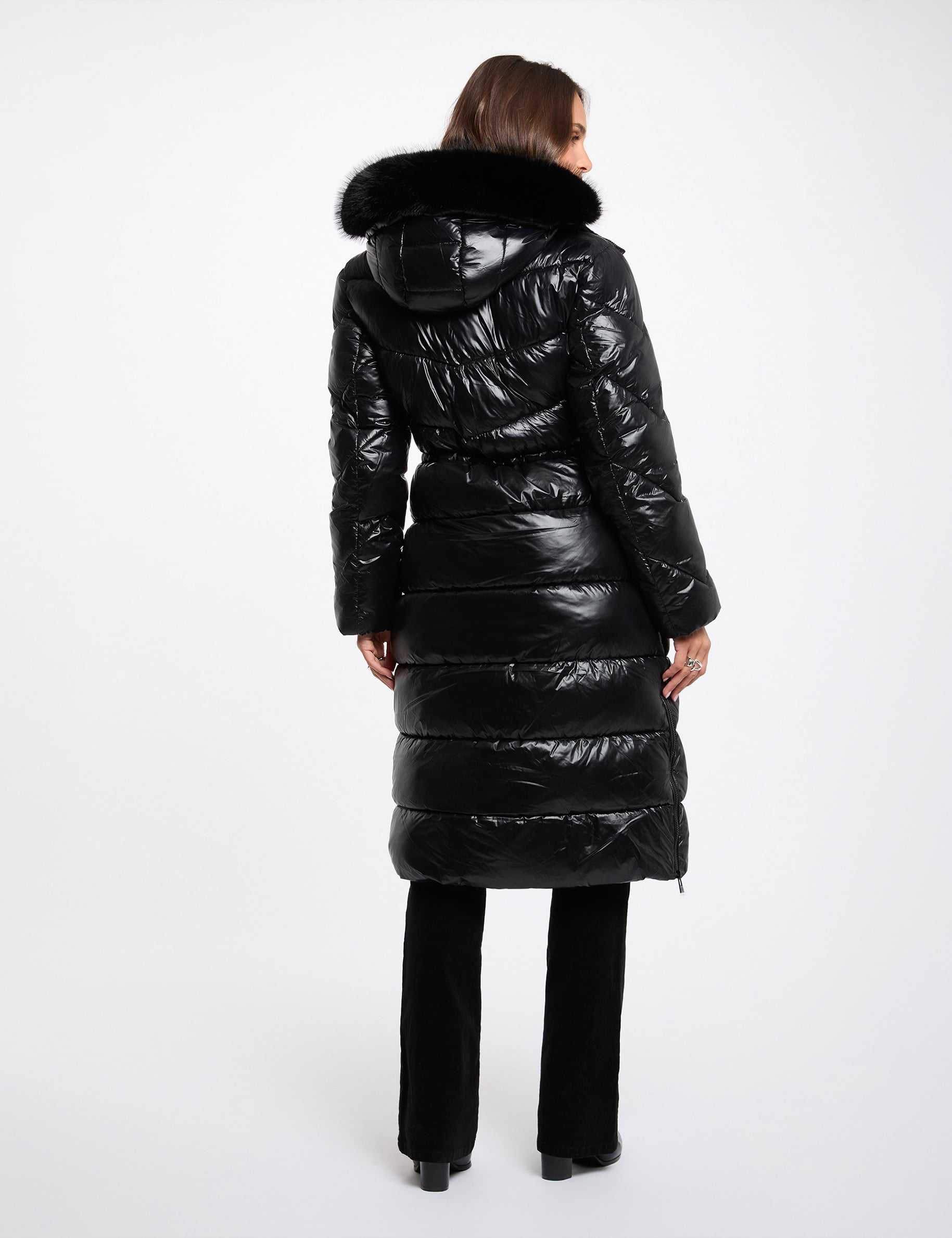 Doudoune longue fausse fourrure noir femme