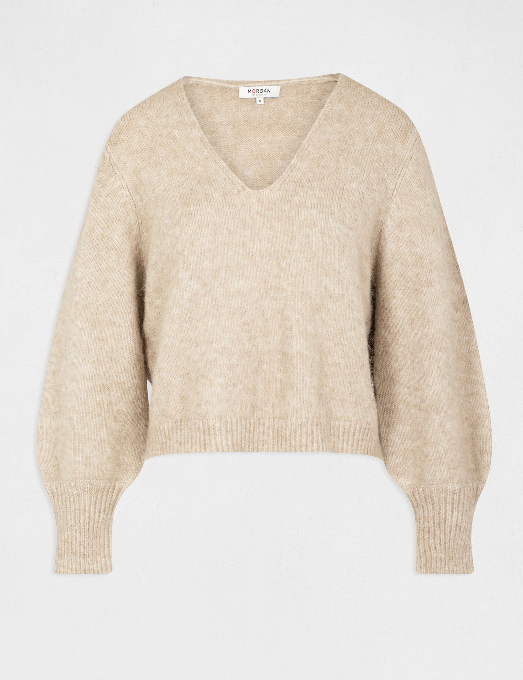 Pull manches longues à col en V beige femme Pull manches longues à col en V beige femme