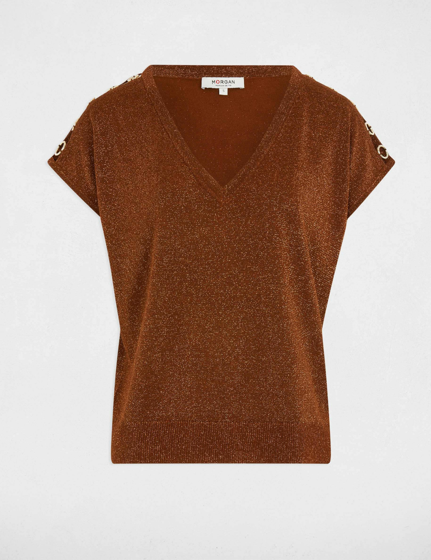 pull col en v manches courtes marron cognac femme Pull col en V manches courtes marron cognac femme