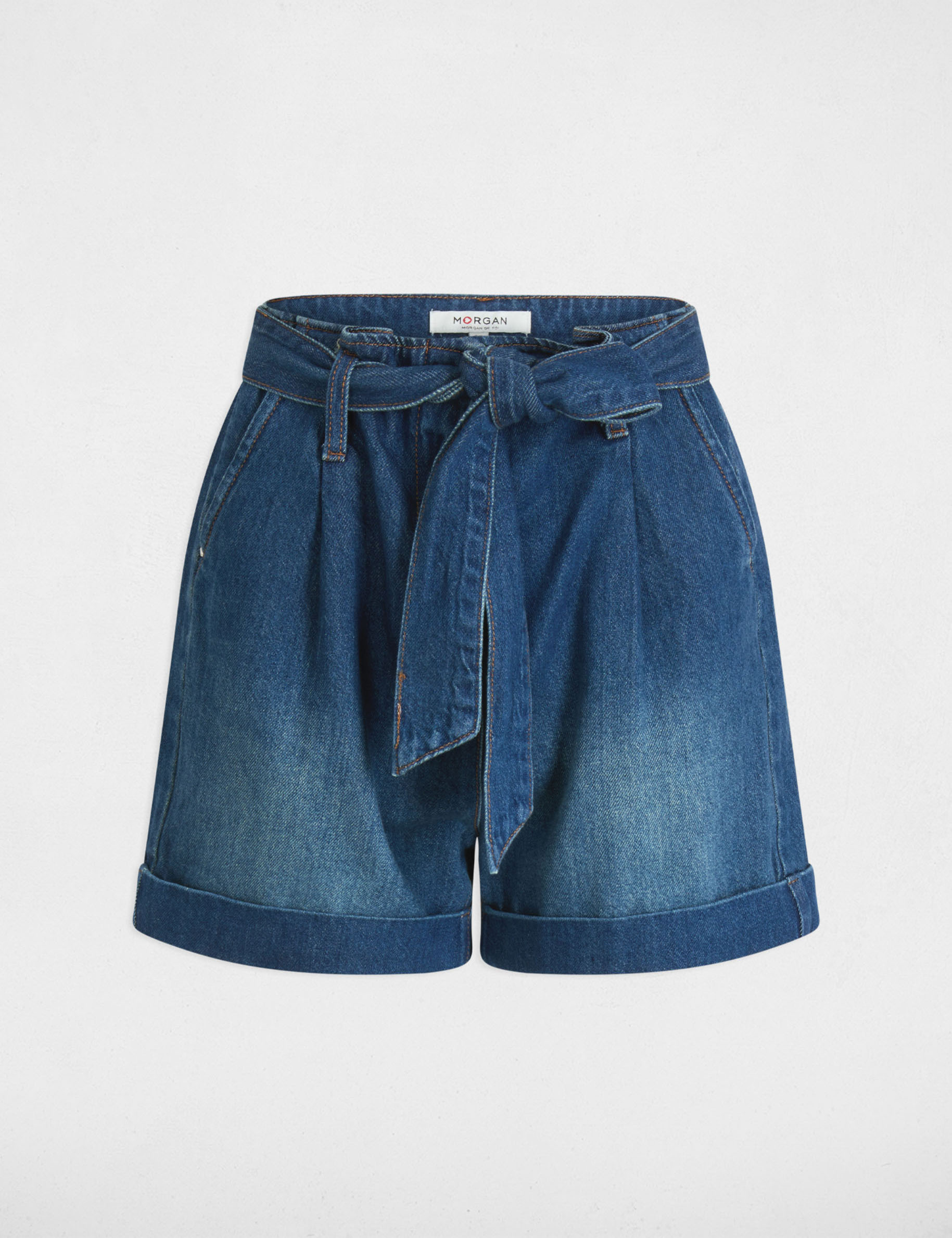 Short en jean ceintur&eacute; denim stone femme