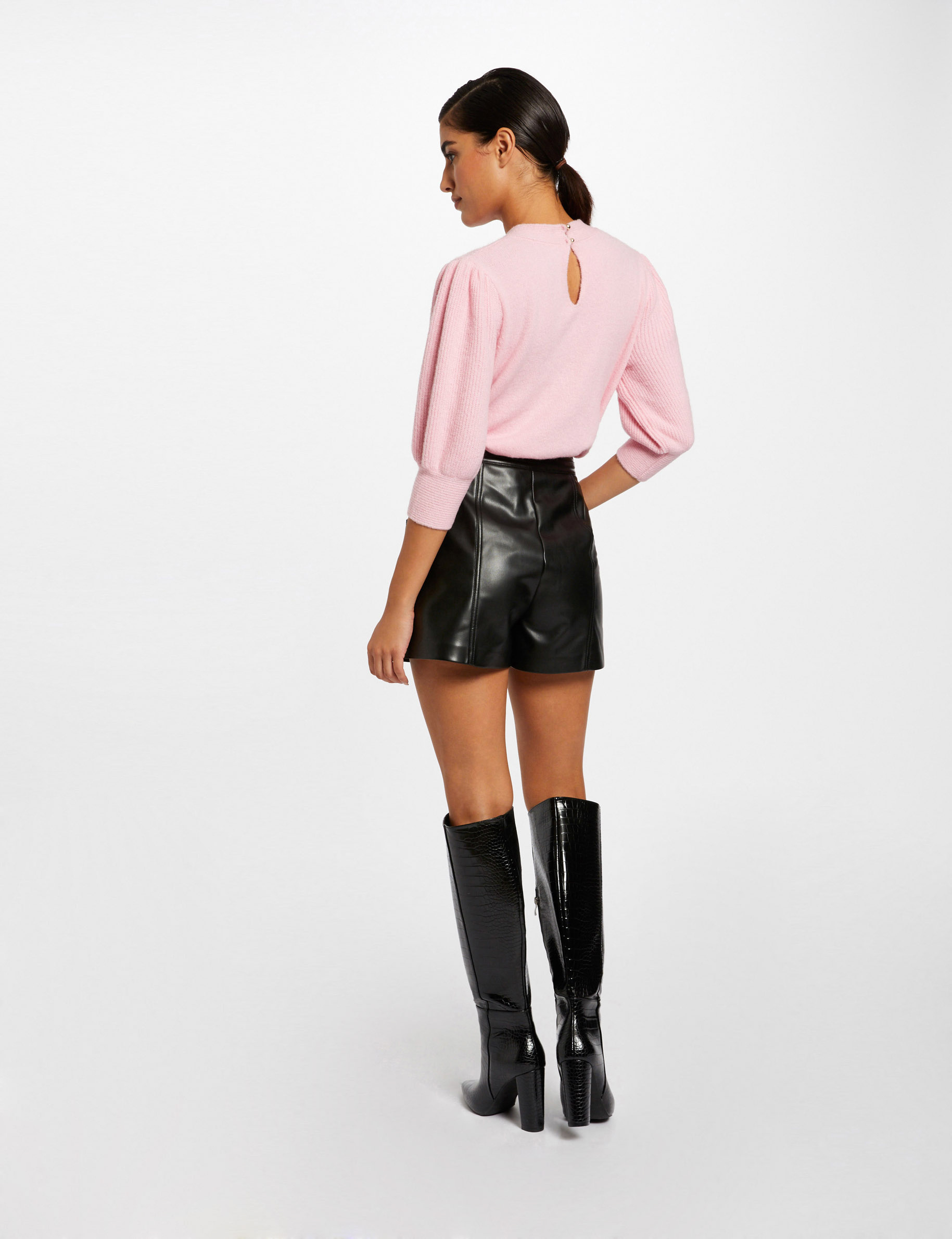 Pull manches 3/4 à col montant rose femme