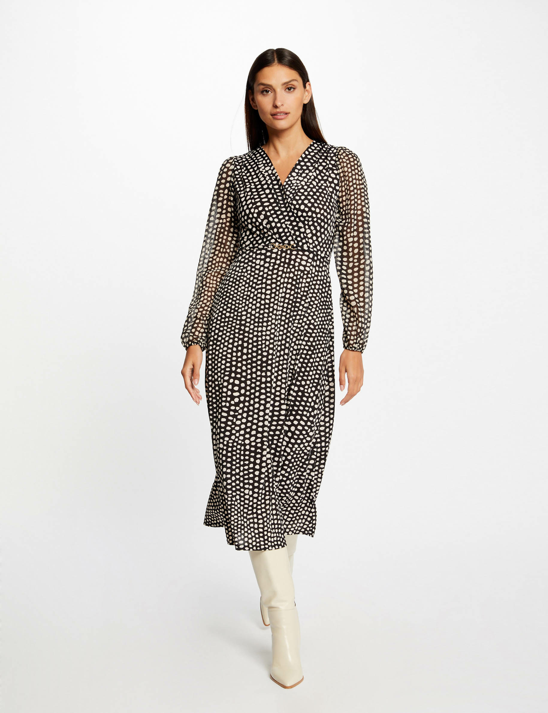 robe longue droite imprime a pois noir femme Robe longue droite imprimé à pois noir femme