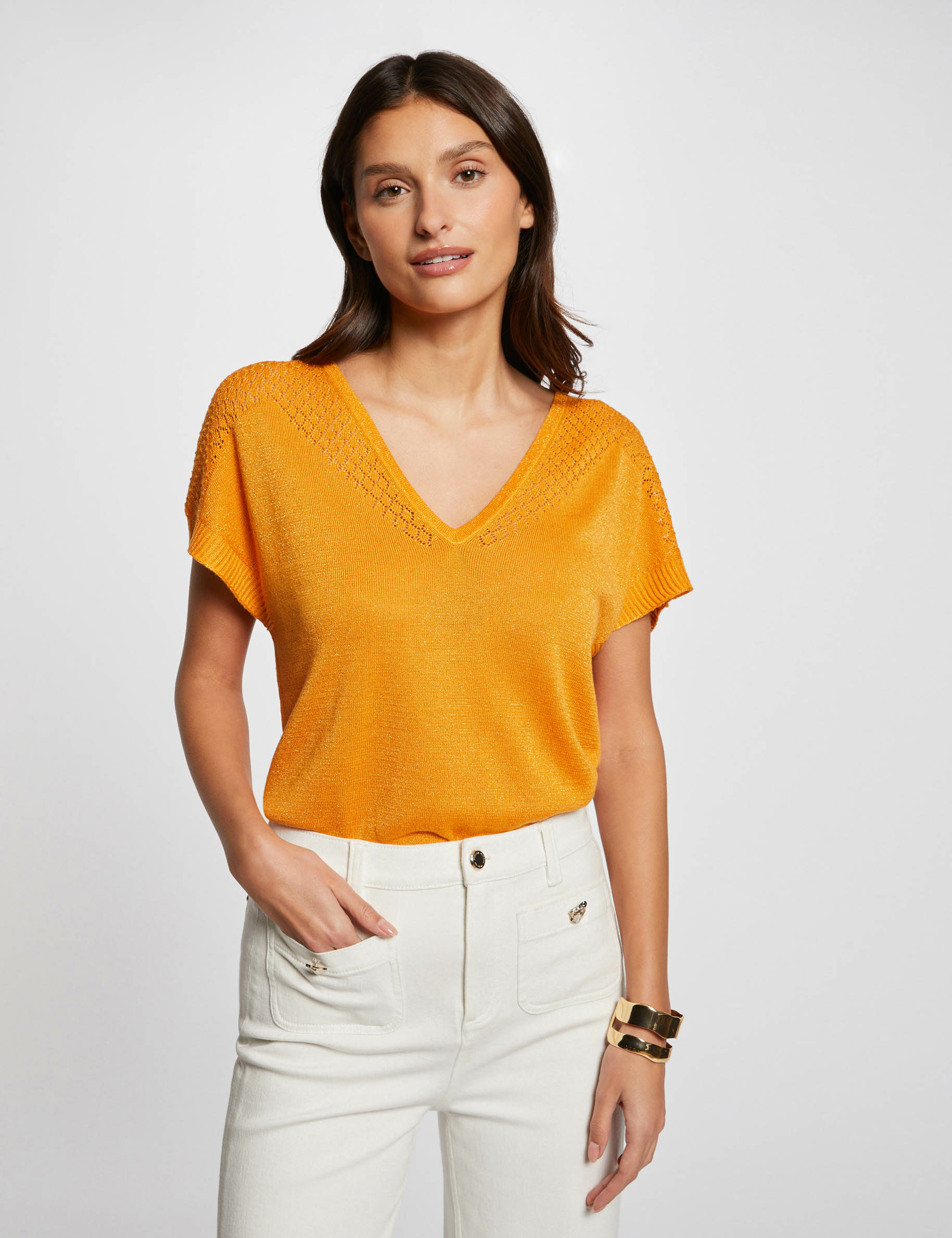 Pull Femme Semi-pé Col En V Manches Courtes - Imprimé Tropical - 95% Polyester, 5% élasthanne - Fermeture éclair Métal