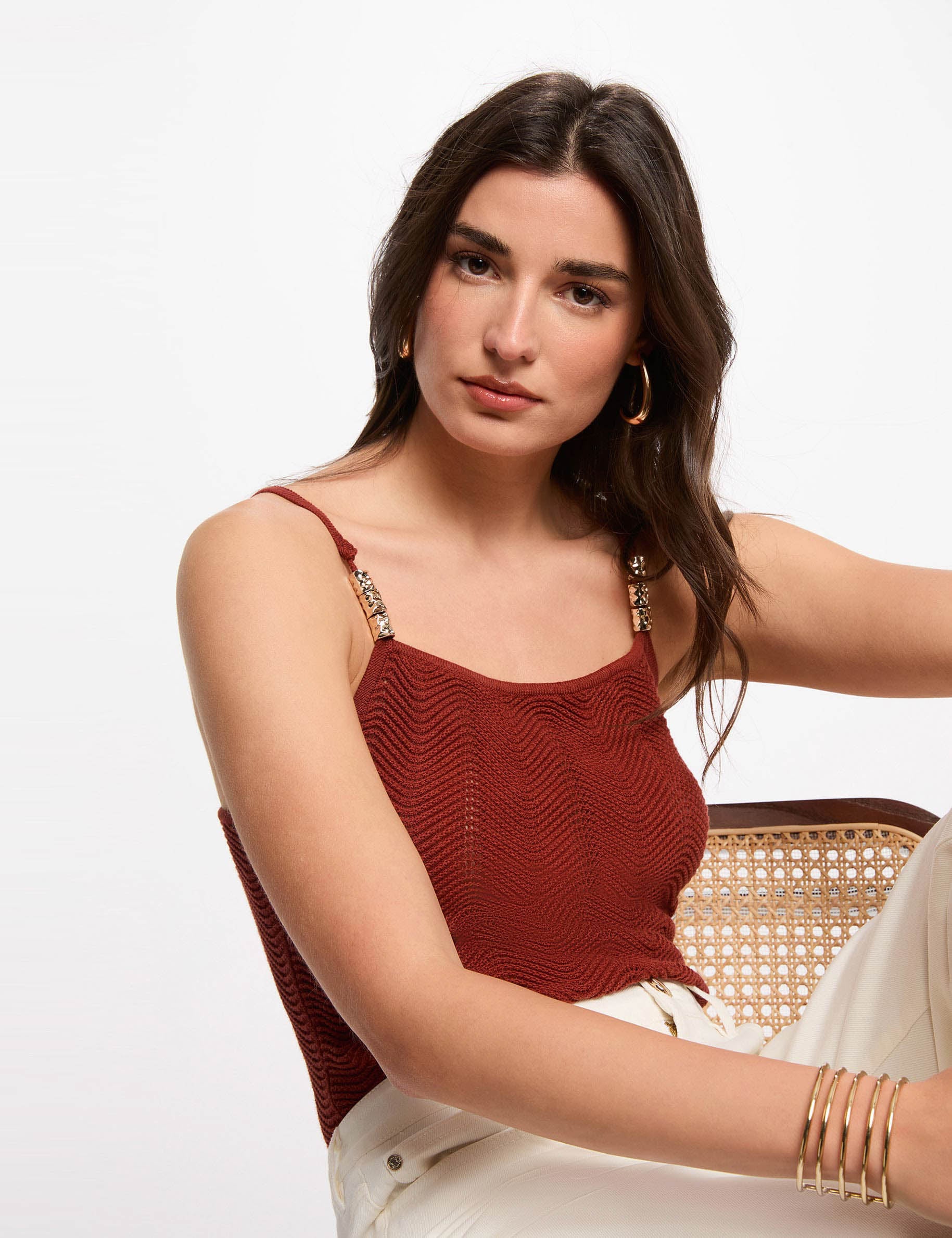 Top maille bretelles fines marron cognac femme