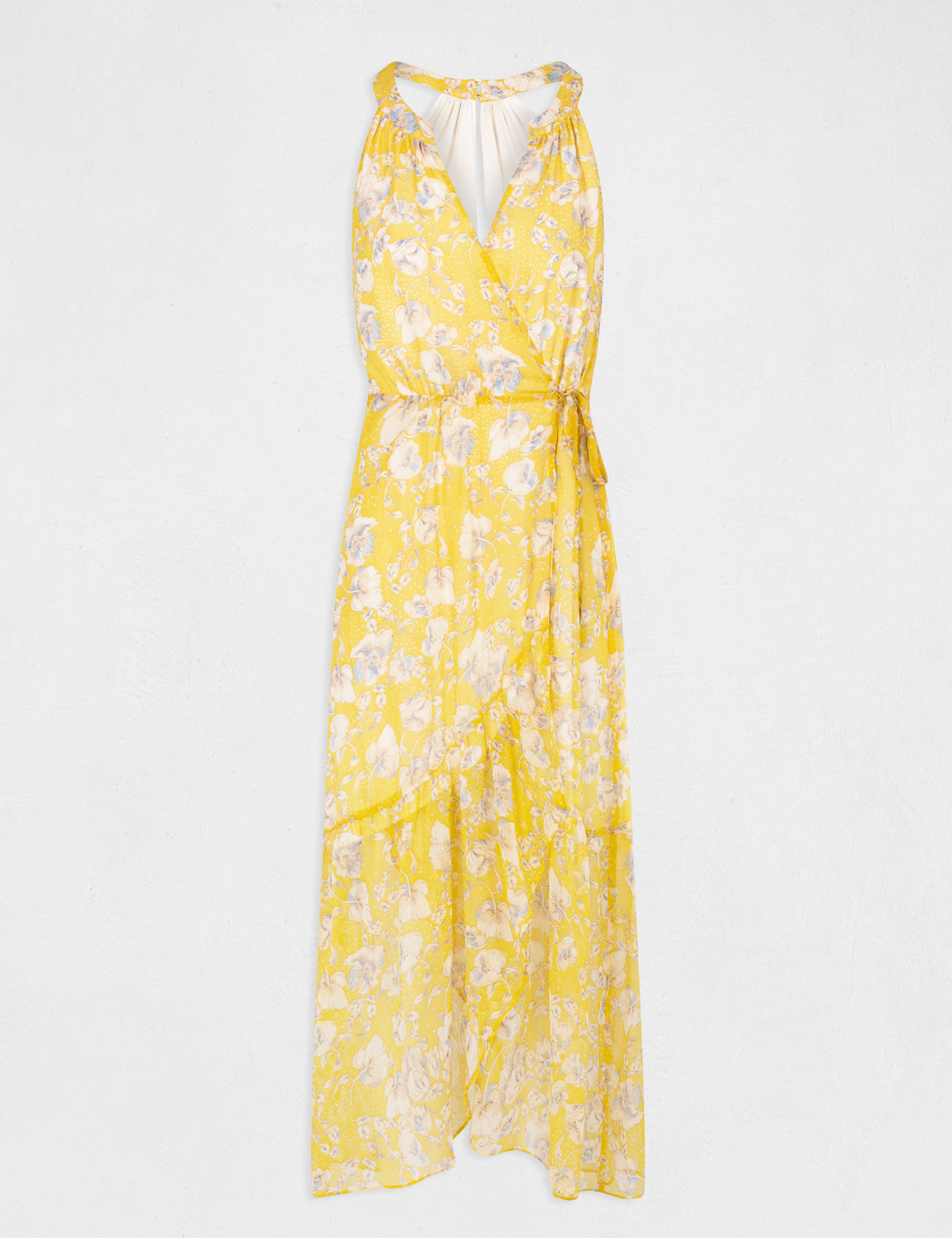 Robe longue portefeuille imprimé floral jaune femme Robe longue portefeuille imprimé floral jaune femme