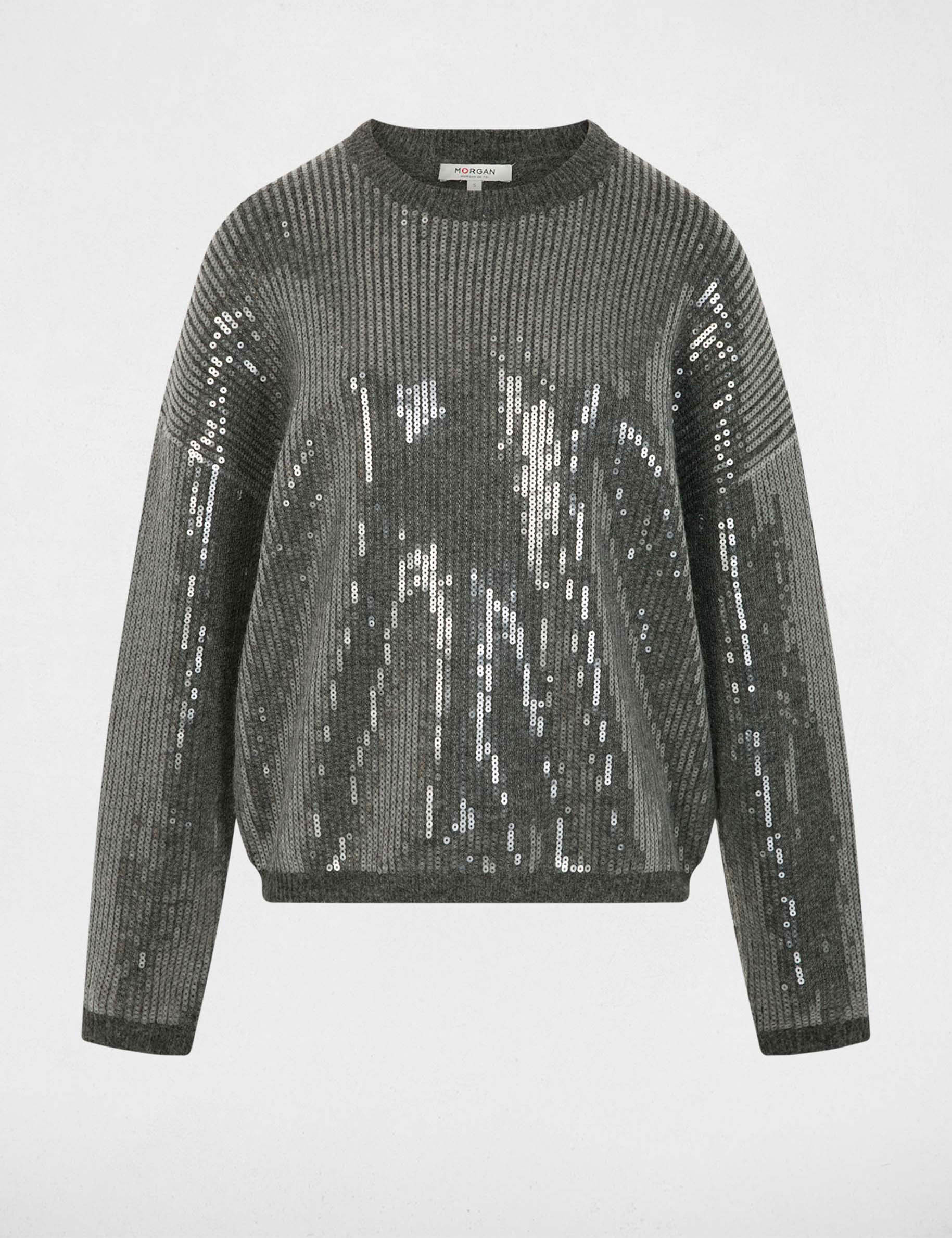 Pull sequins col rond gris fonc&eacute; femme