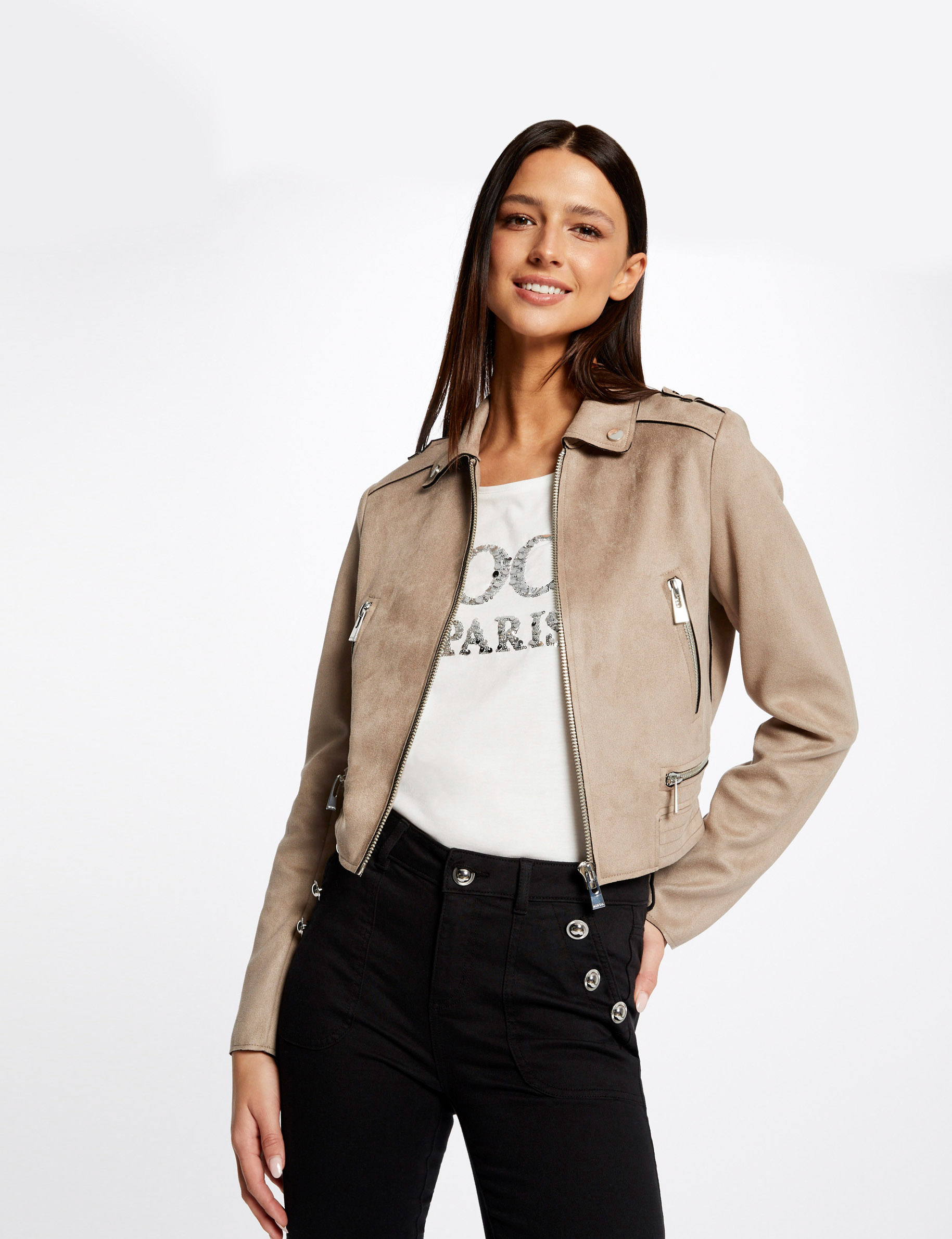 Blouson droit aspect suédine beige clair femme Blouson droit aspect suédine beige clair femme