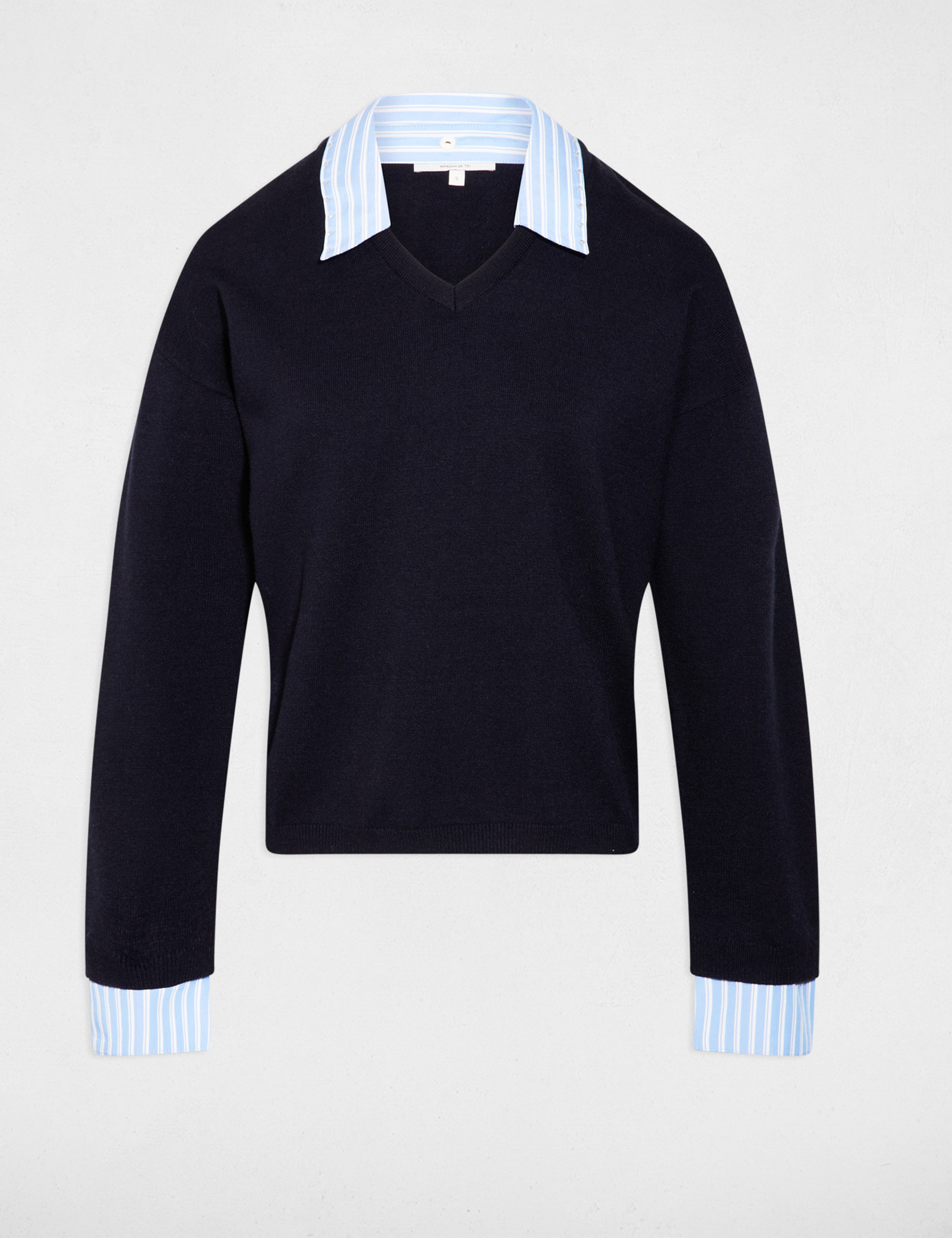 Pull col revers ray&eacute; bleu marine femme