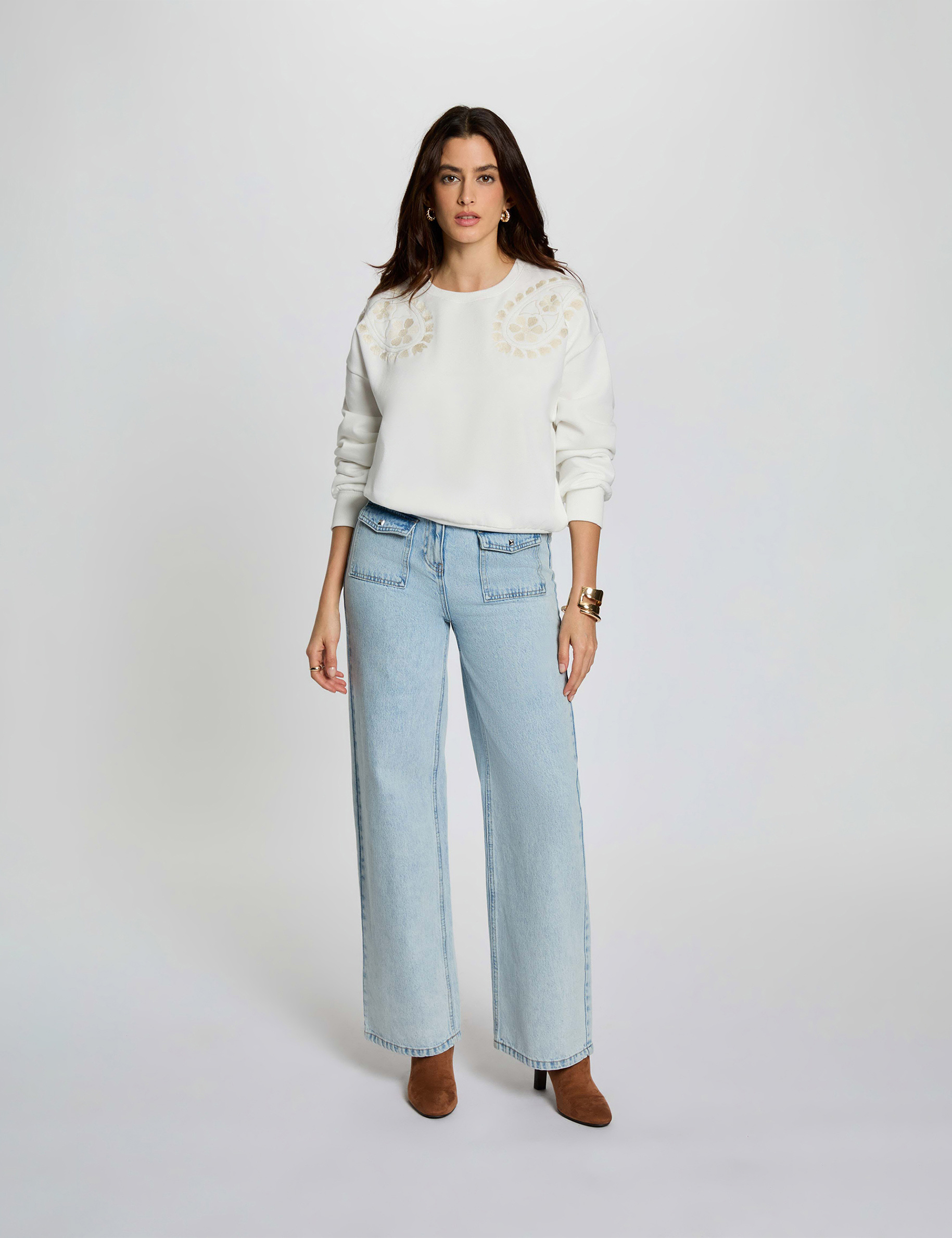Pull maille brod&eacute;e blanc femme