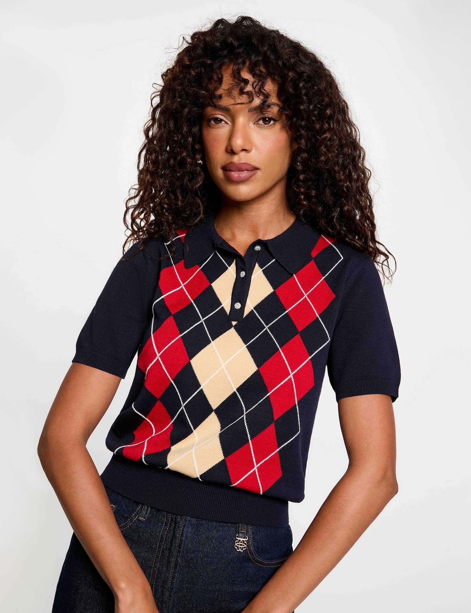 Pull col polo bleu marine femme