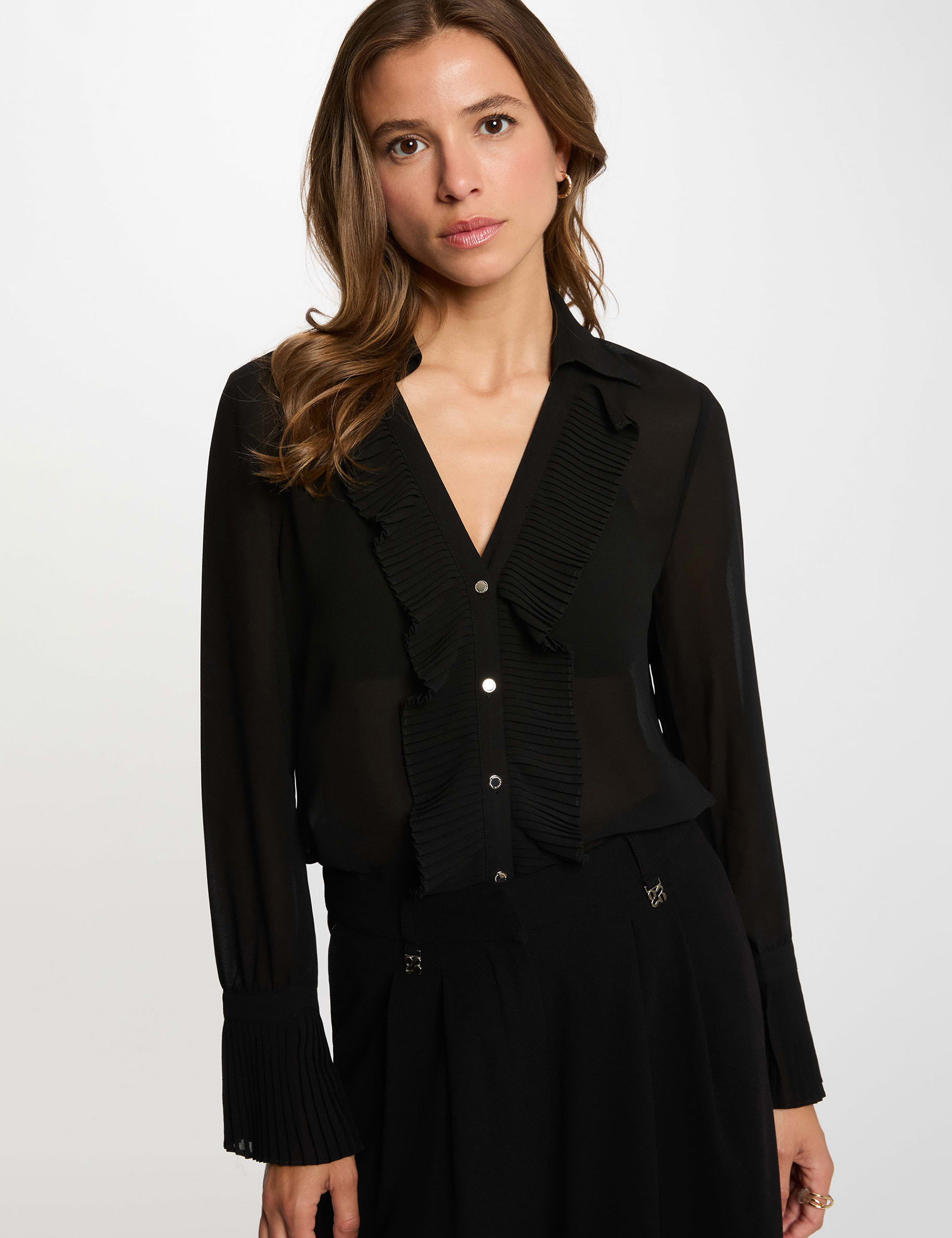 Chemise voile col &agrave; revers noir femme