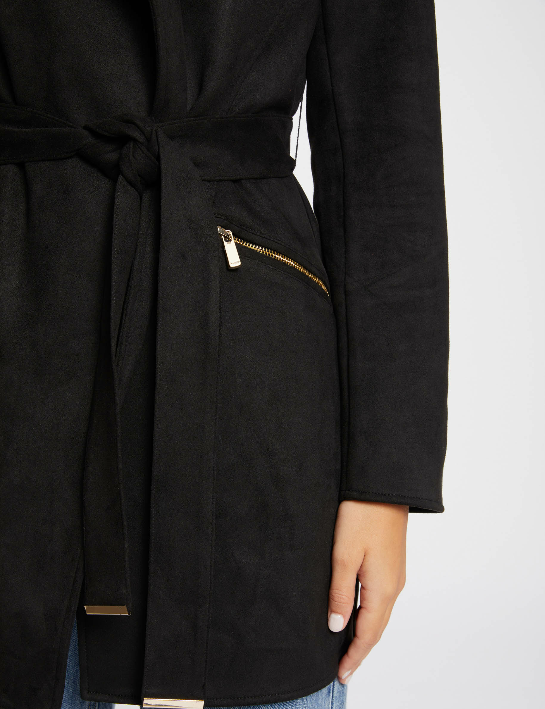 Manteau long ceintur?� su?�dine noir femme | Morgan
