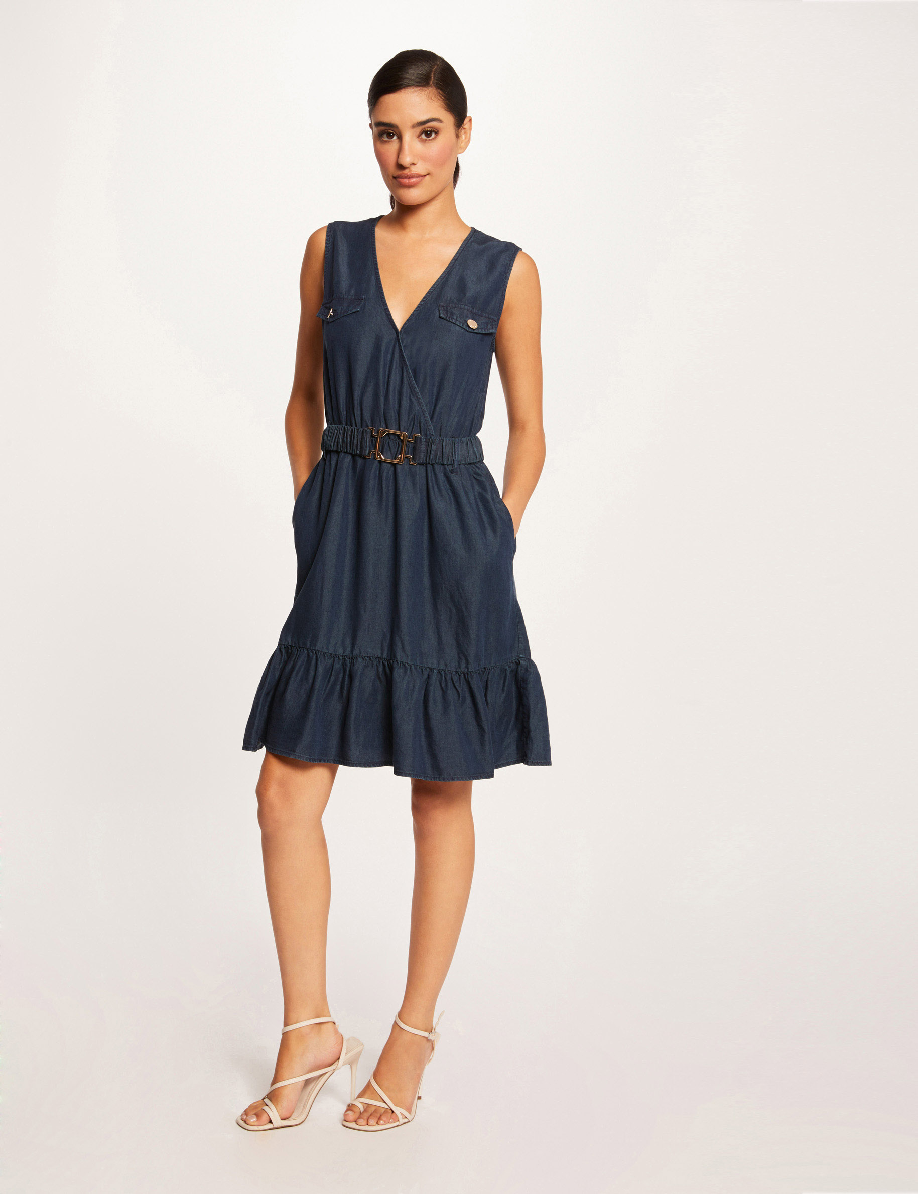 Robe droite sans manches ceinturée jean brut femme Robe droite sans manches ceinturée jean brut femme