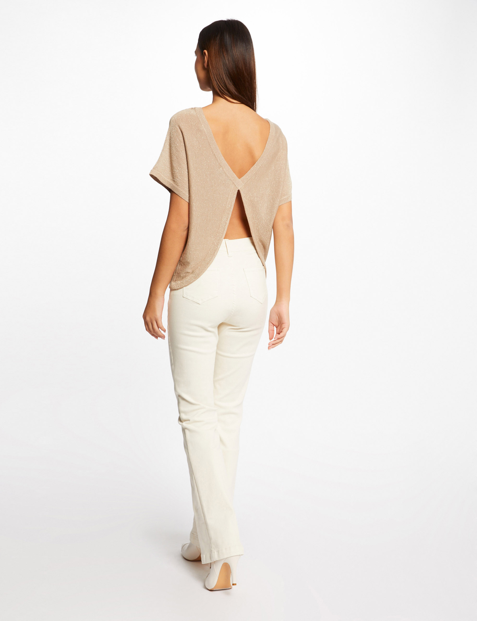 Pull manches courtes à détail bijou dore femme