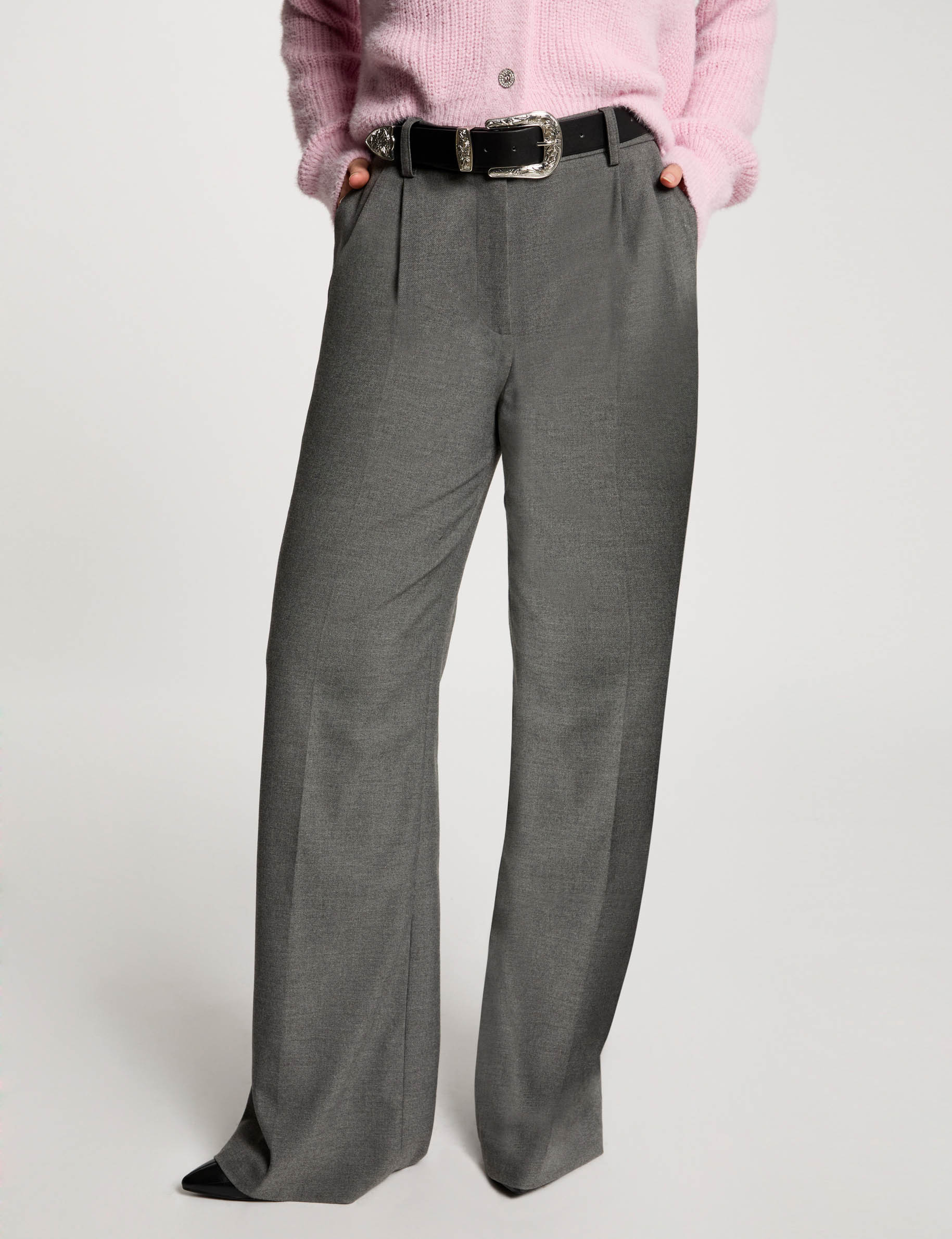 Pantalon large &agrave; pinces gris clair femme