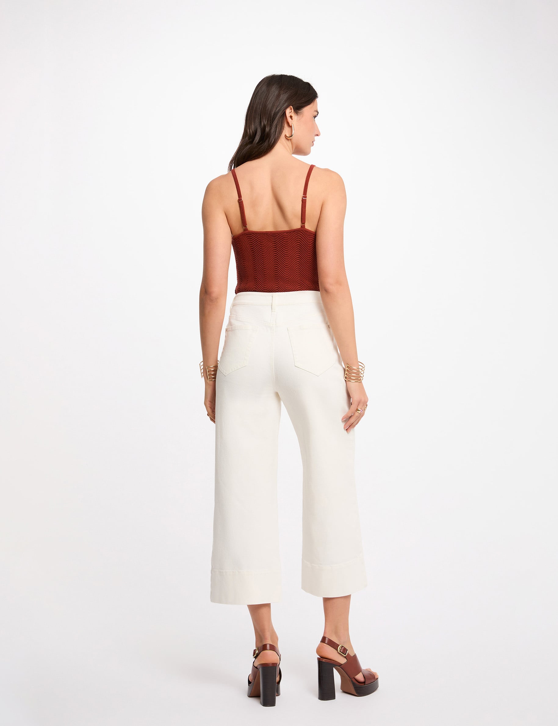 Top maille bretelles fines marron cognac femme