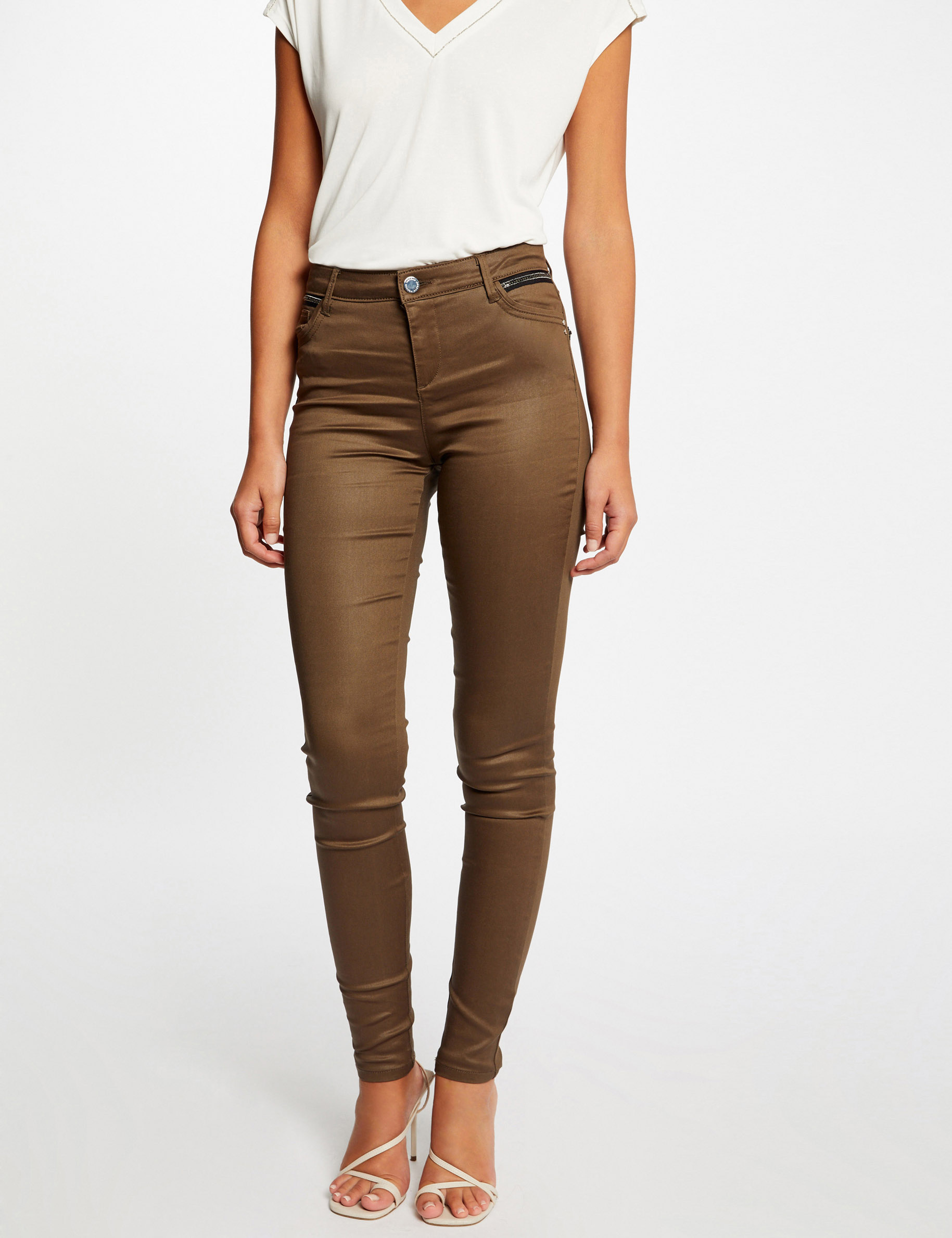 pantalon skinny enduit a details bijoux vert moyen femme Pantalon skinny enduit à détails bijoux vert moyen femme