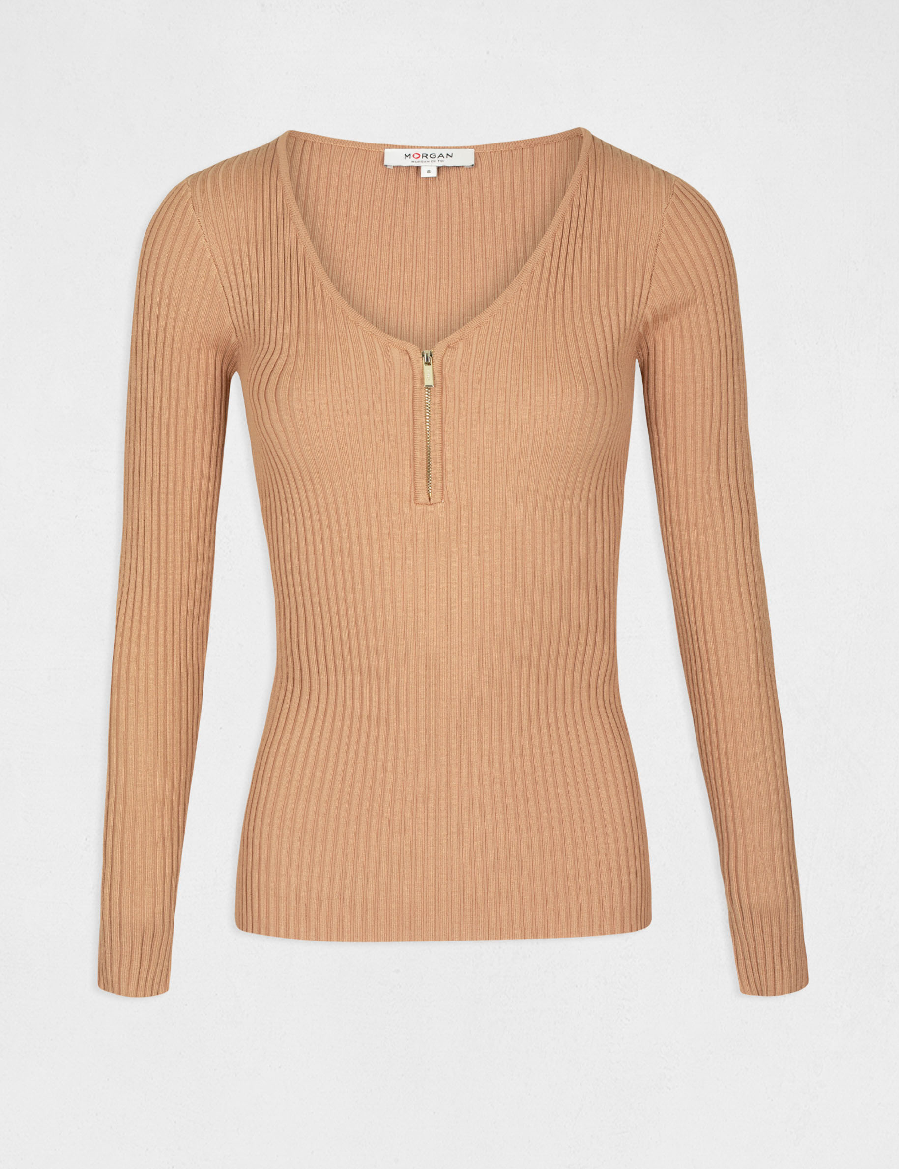 Pull manches longues tricotage en c&ocirc;te camel femme