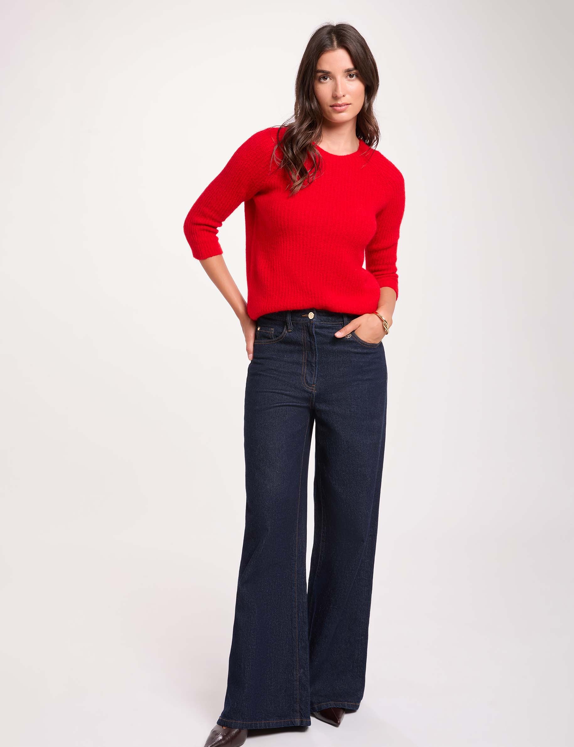 Pull maille duveteuse rouge femme