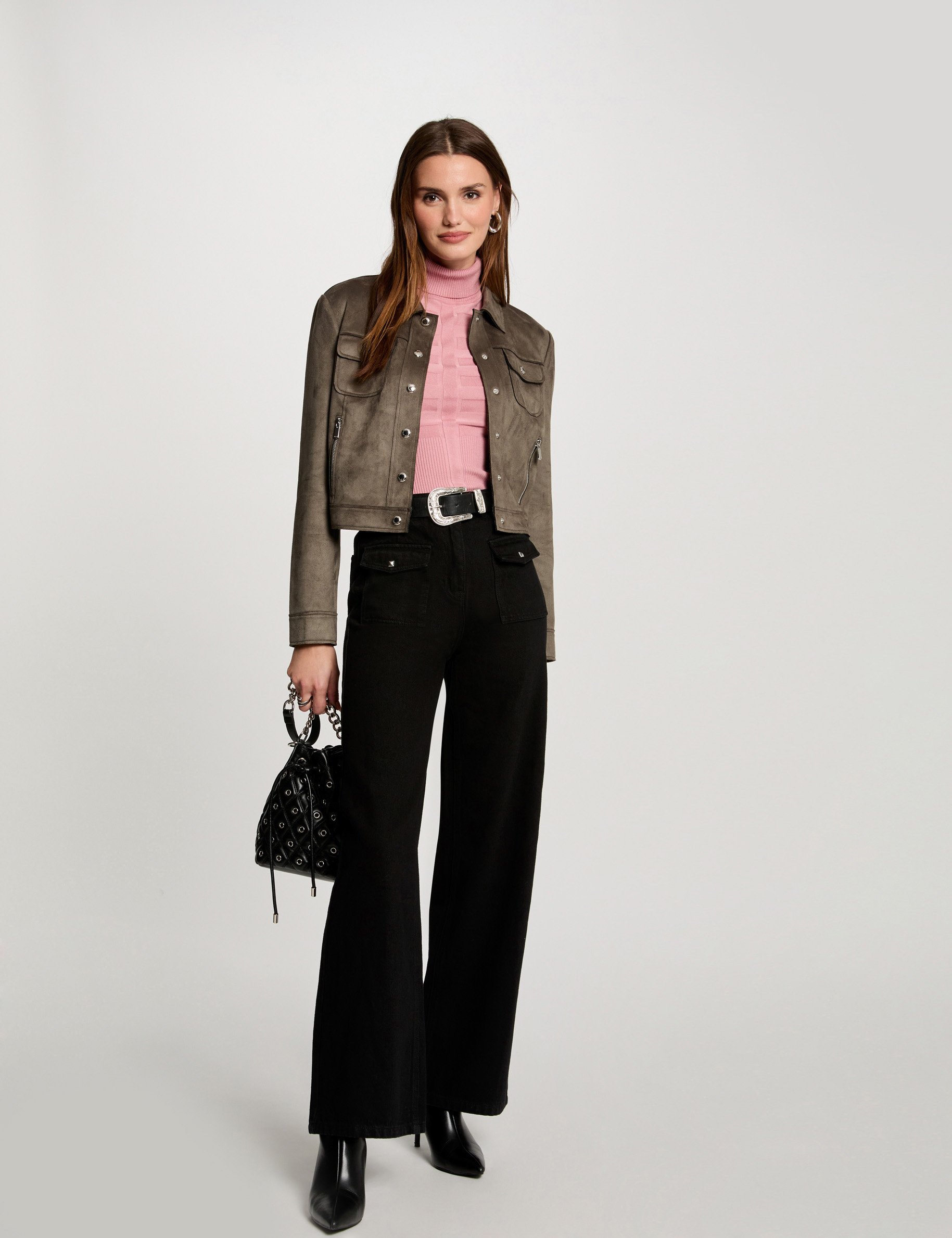 blouson suedine boutonne vert kaki femme Blouson suédine boutonné vert kaki femme