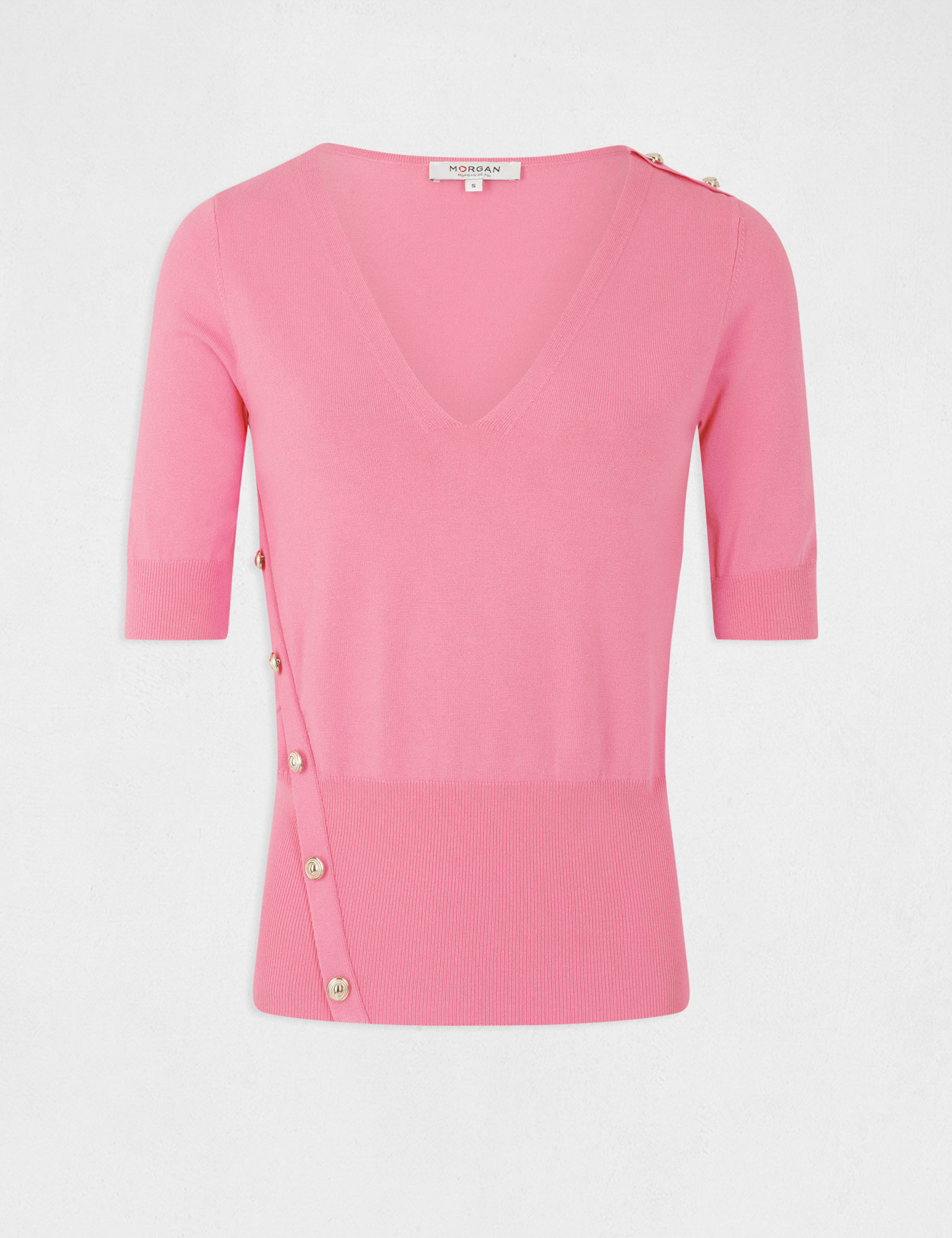 pull manches 34 avec boutons rose femme Pull manches 3/4 avec boutons rose femme