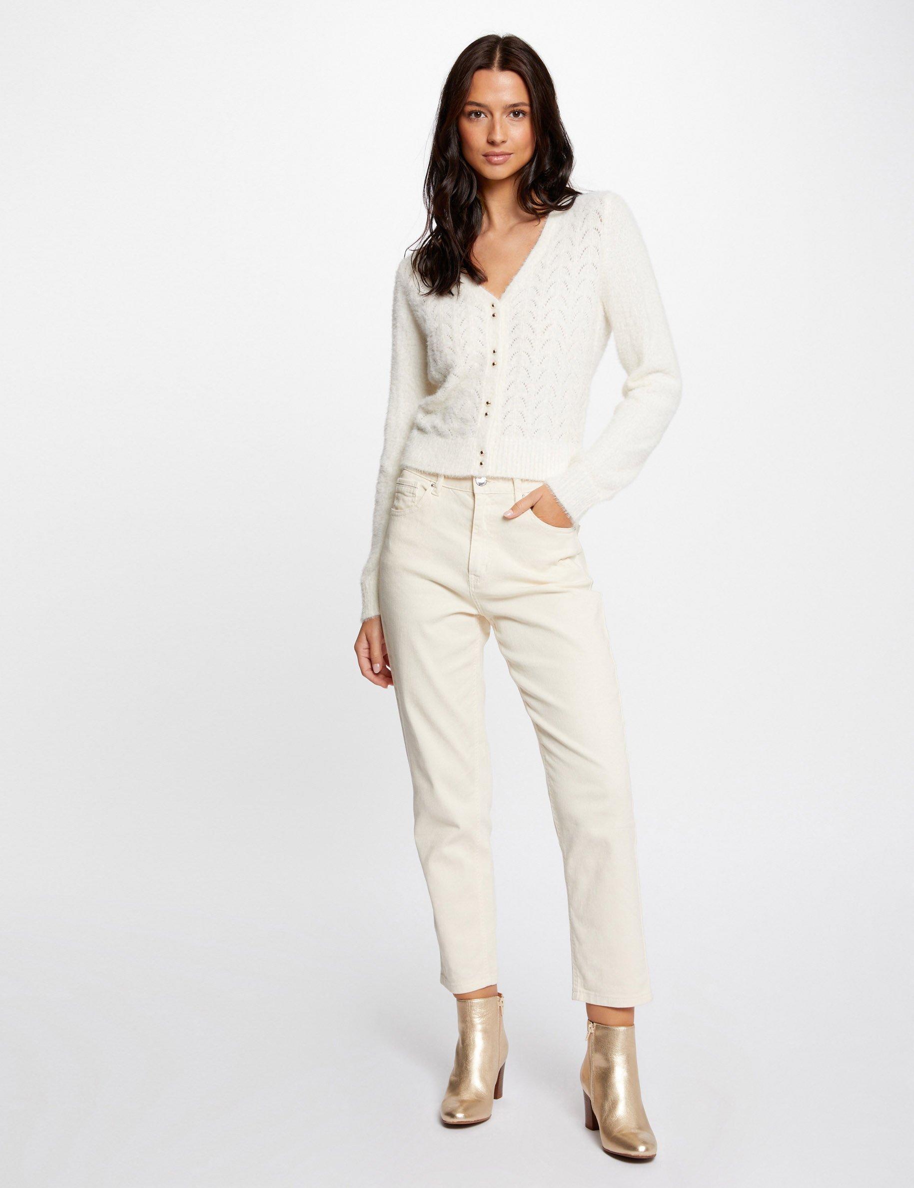 gilet manches longues a details ajoures ivoire femme Gilet manches longues à détails ajourés ivoire femme