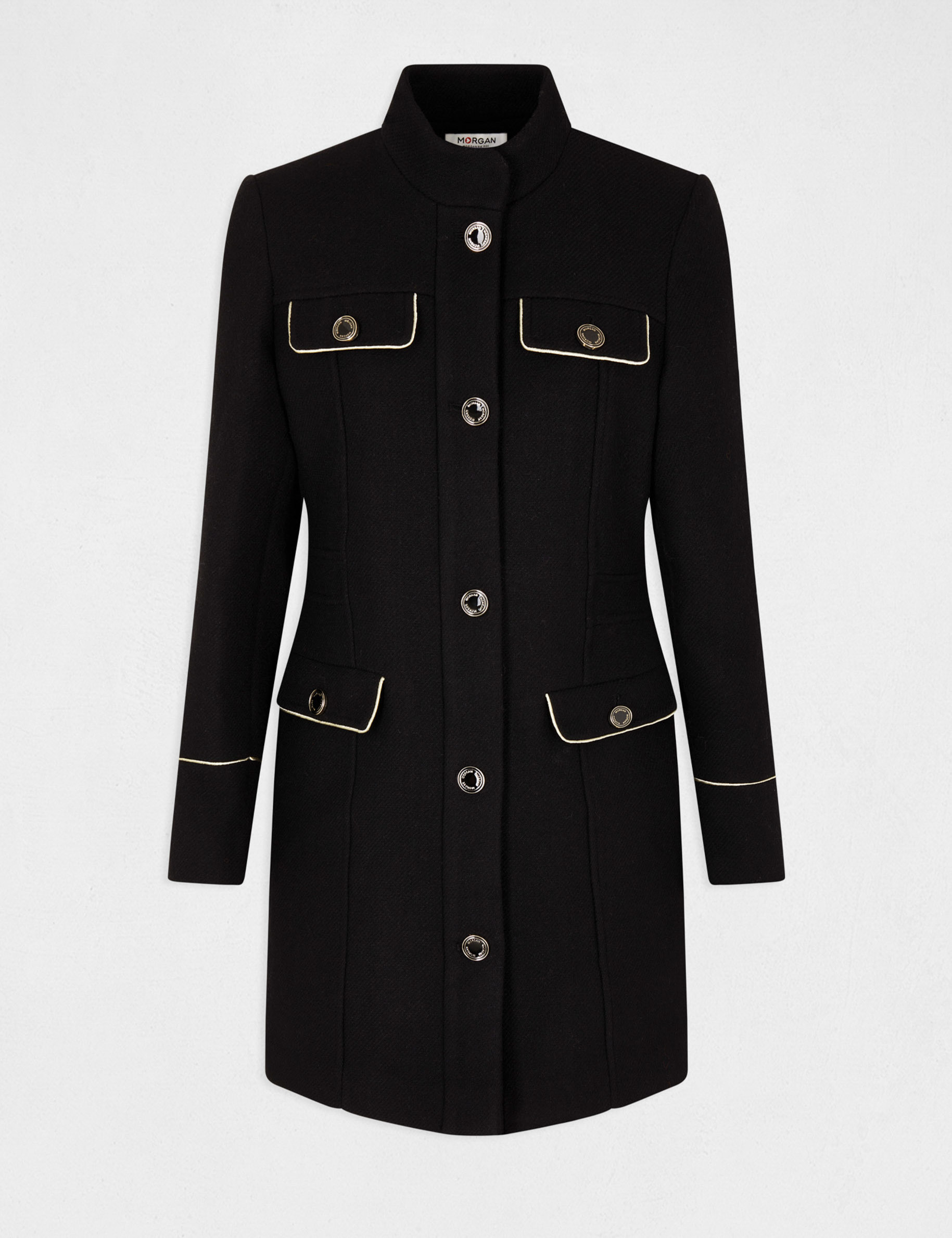 manteau droit avec poches a rabat noir femme Manteau droit avec poches à rabat noir femme