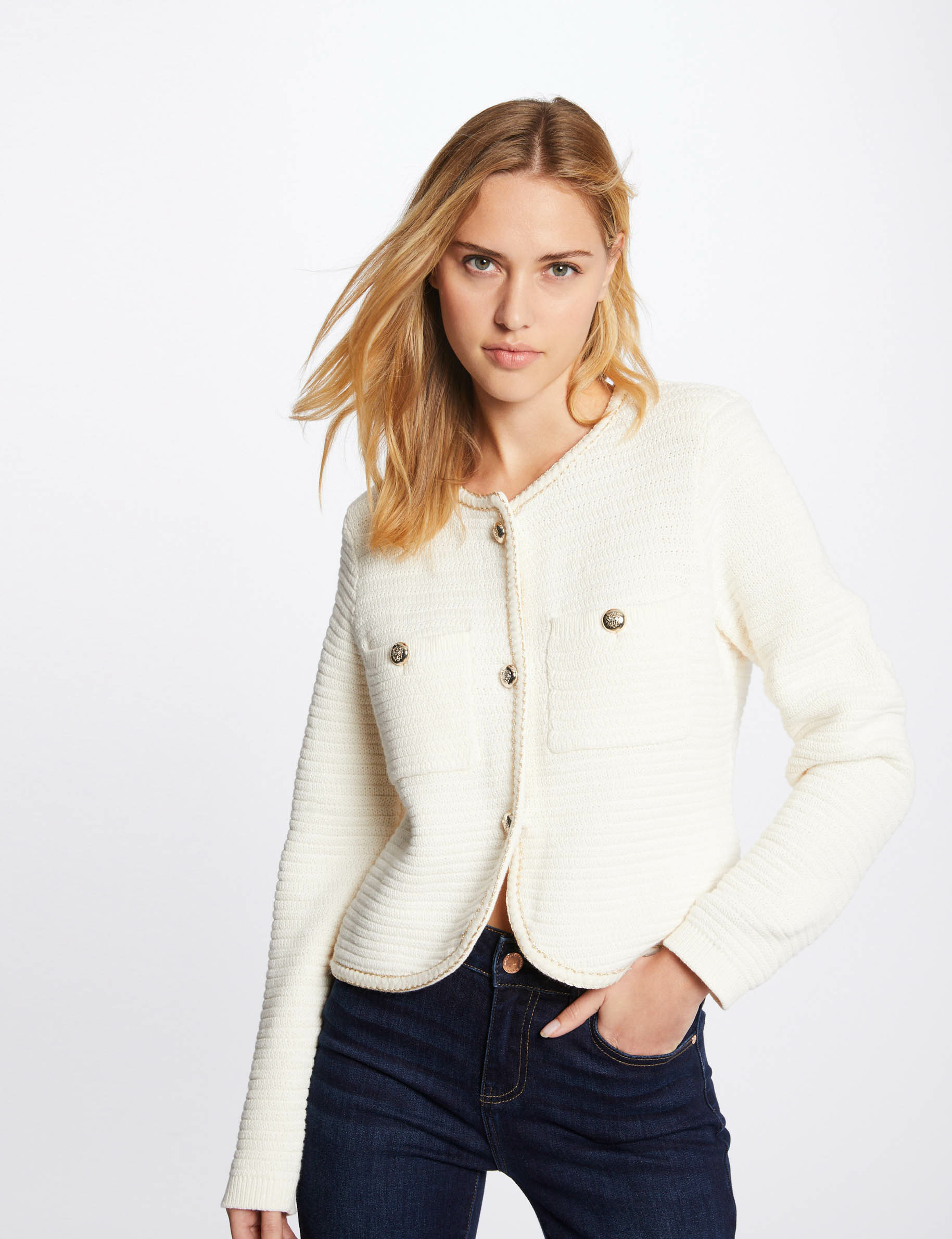 Gilet manches longues boutonné ivoire femme Gilet manches longues boutonné ivoire femme