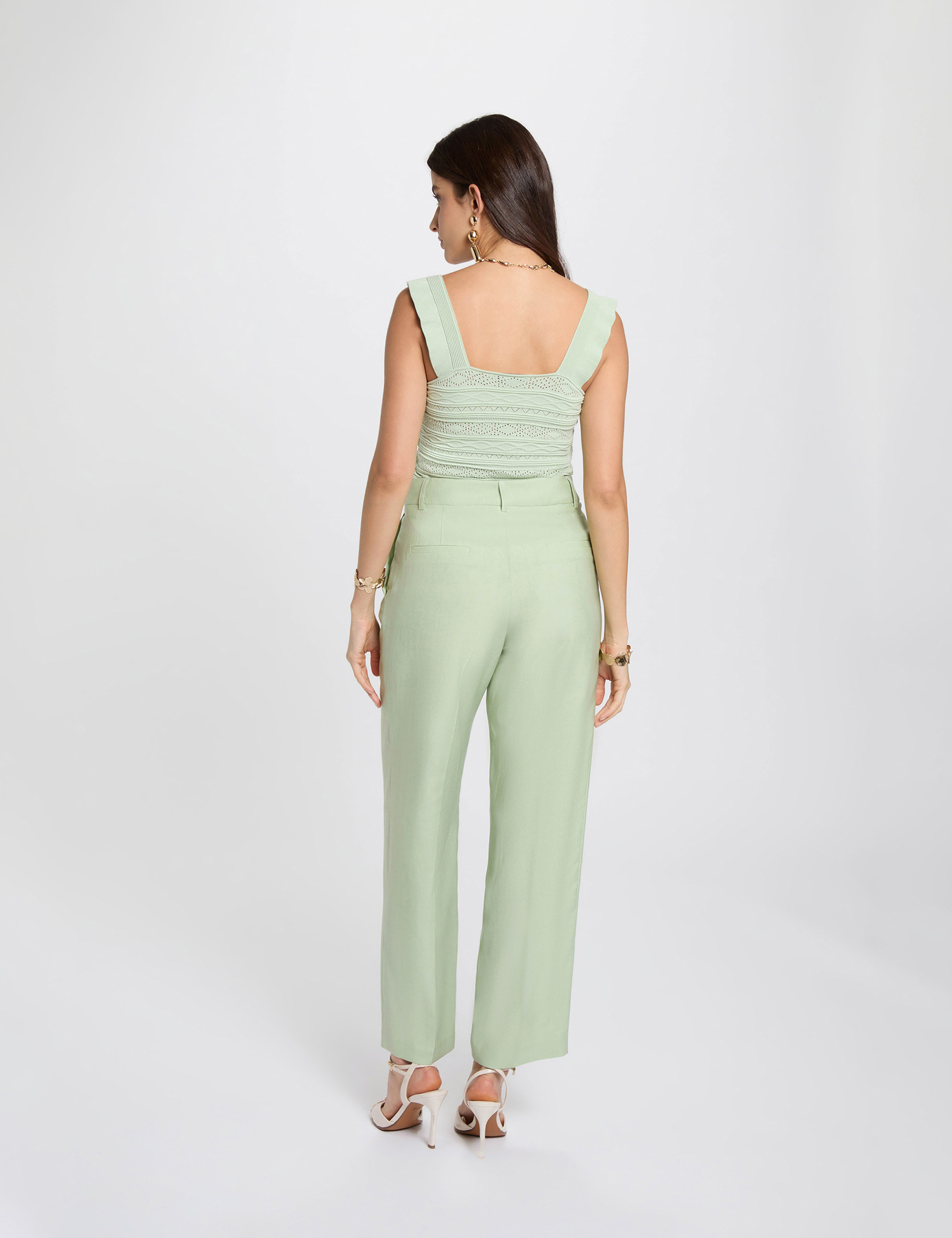 Pantalon carotte taille haute vert pastel femme