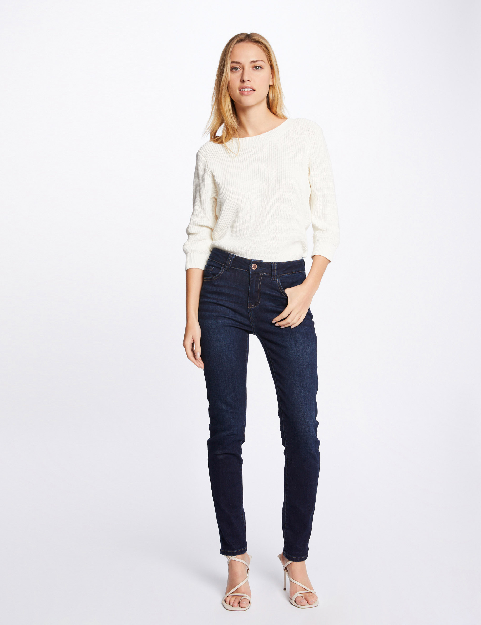 Pull manches 3/4 avec dos en V ivoire femme Pull manches 3/4 avec dos en V ivoire femme