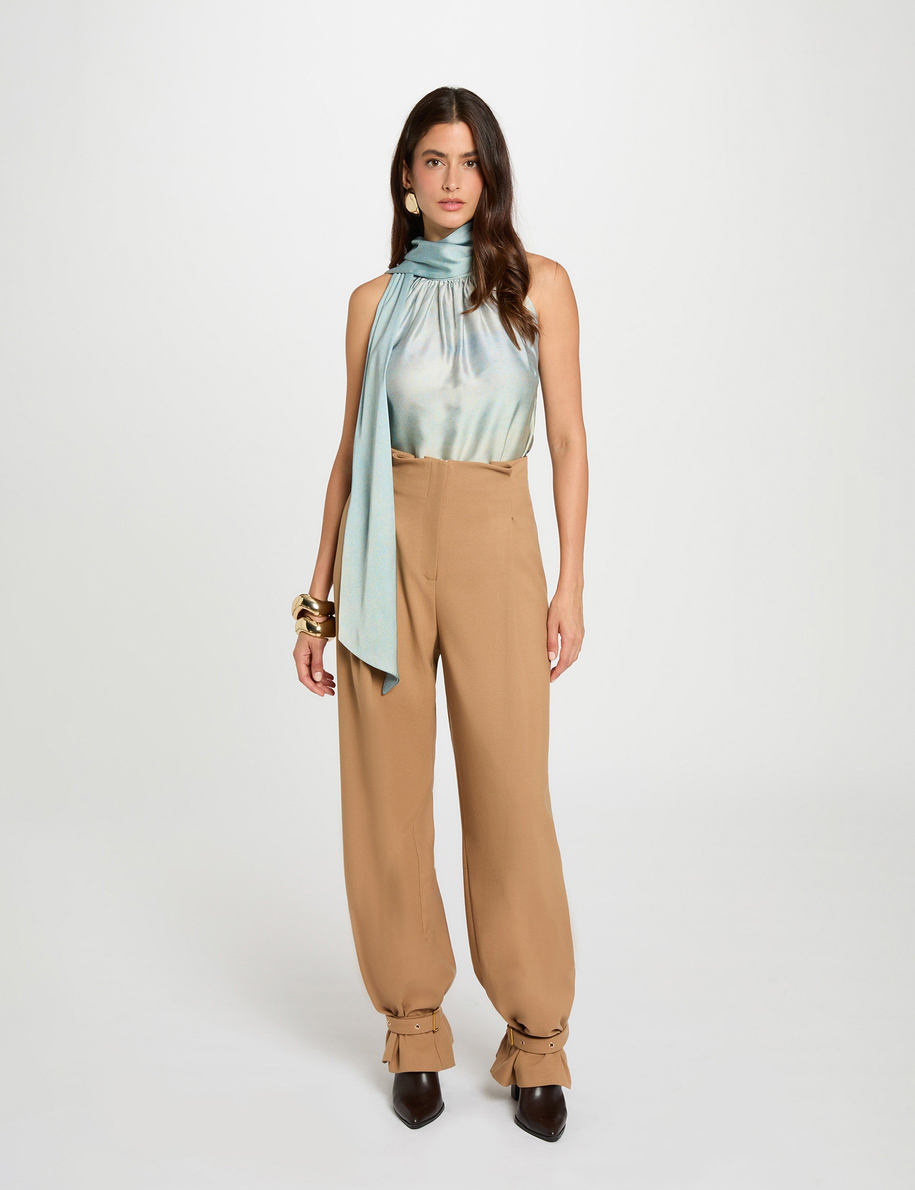 Pantalon large taille haute camel femme Morgan