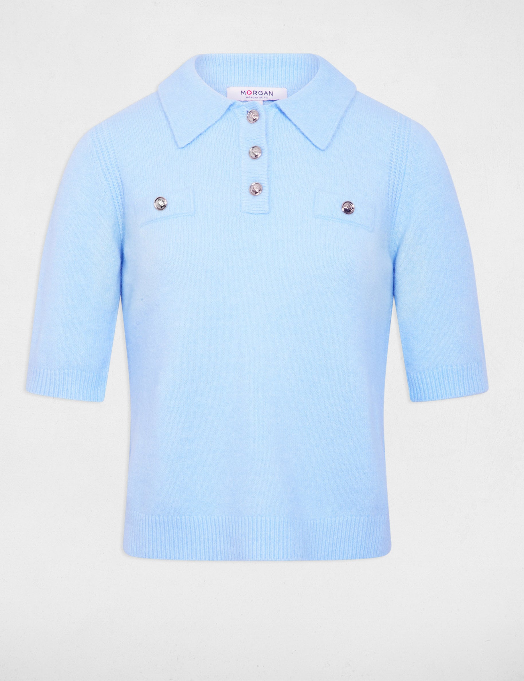Pull ajust&eacute; col &agrave; revers bleu clair femme