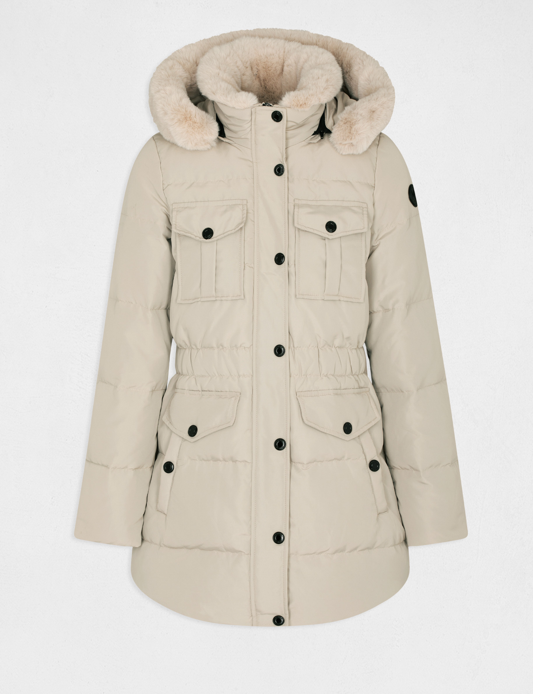 Doudoune droite à capuche beige femme