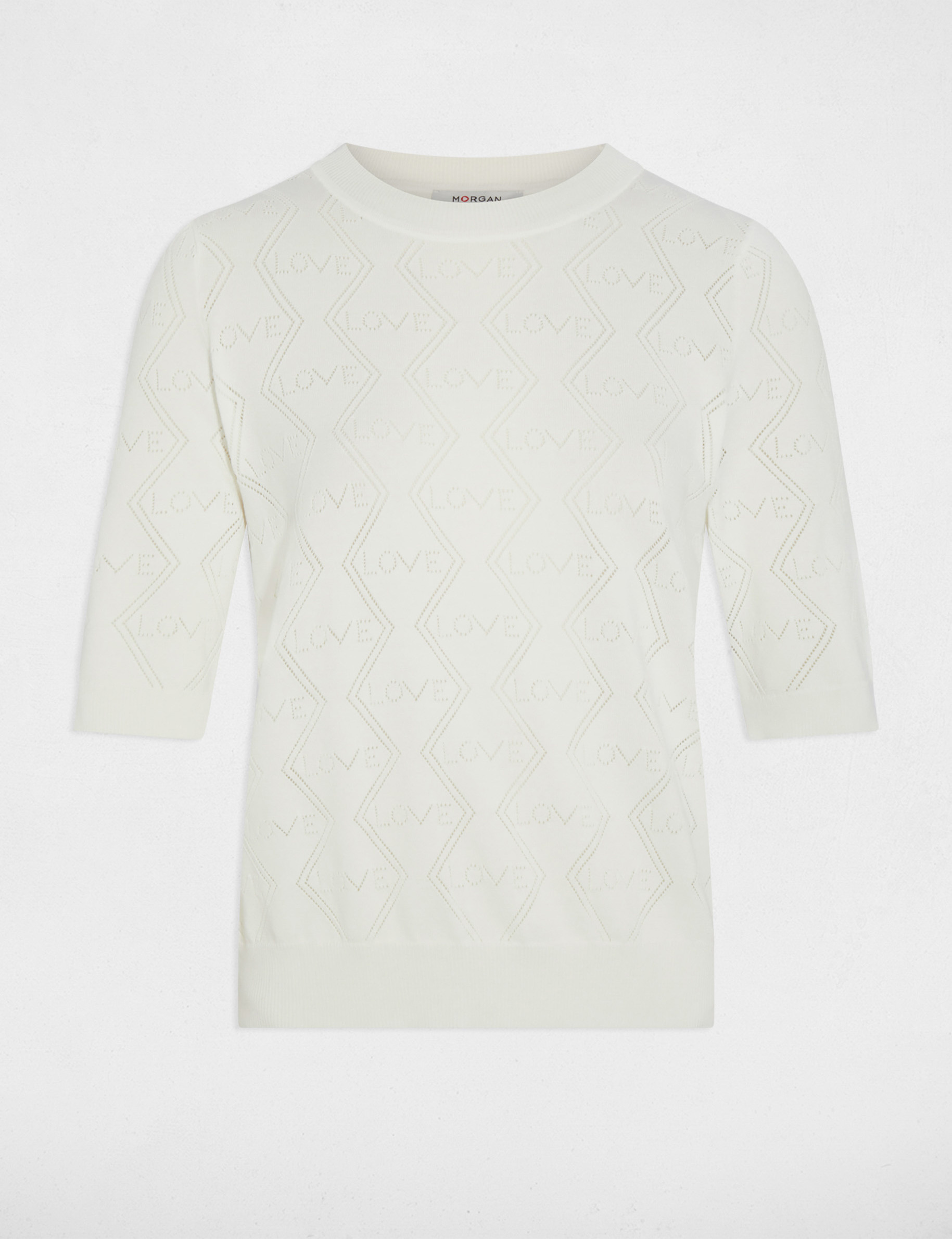 Pull ajour&eacute; manches 3/4 blanc femme