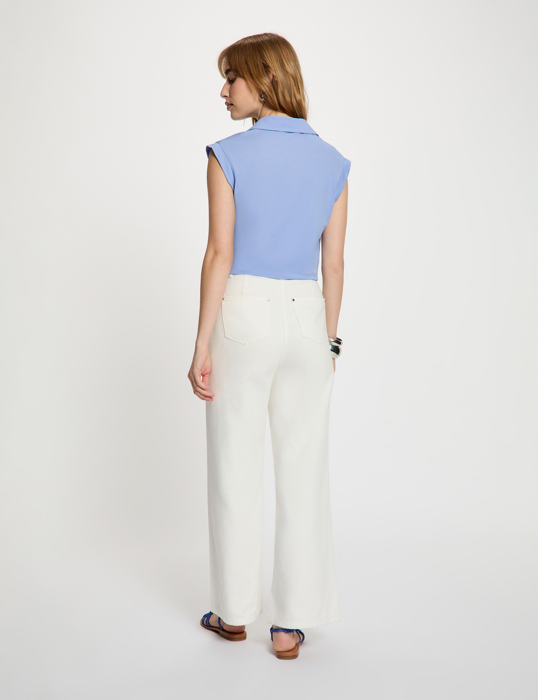 Chemise nou&eacute;e sans manches bleu lavande femme