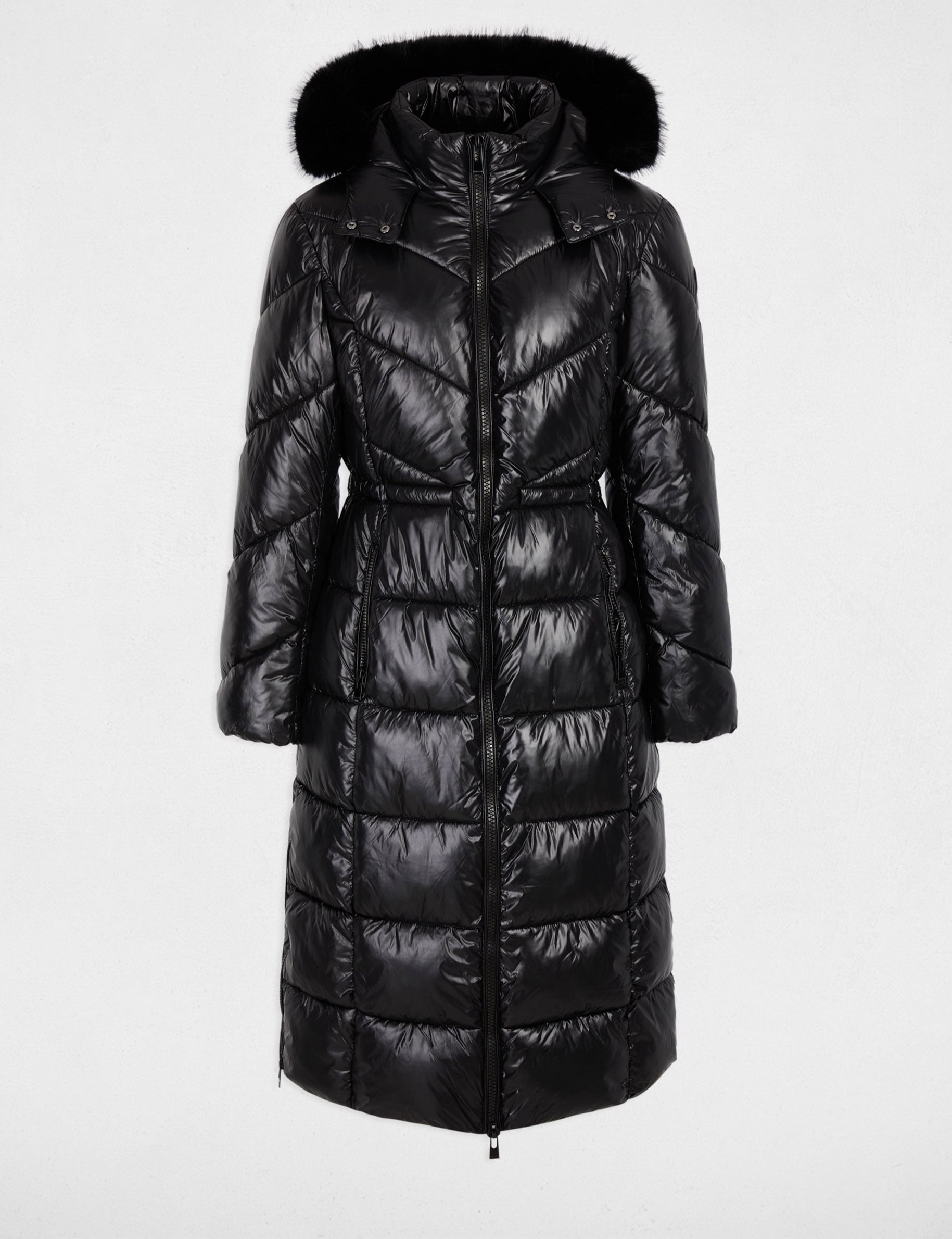 Doudoune longue fausse fourrure noir femme