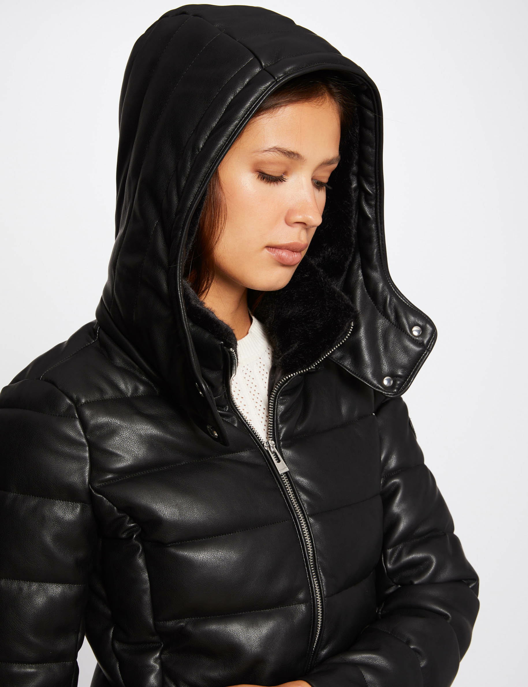 Doudoune droite à capuche noir femme