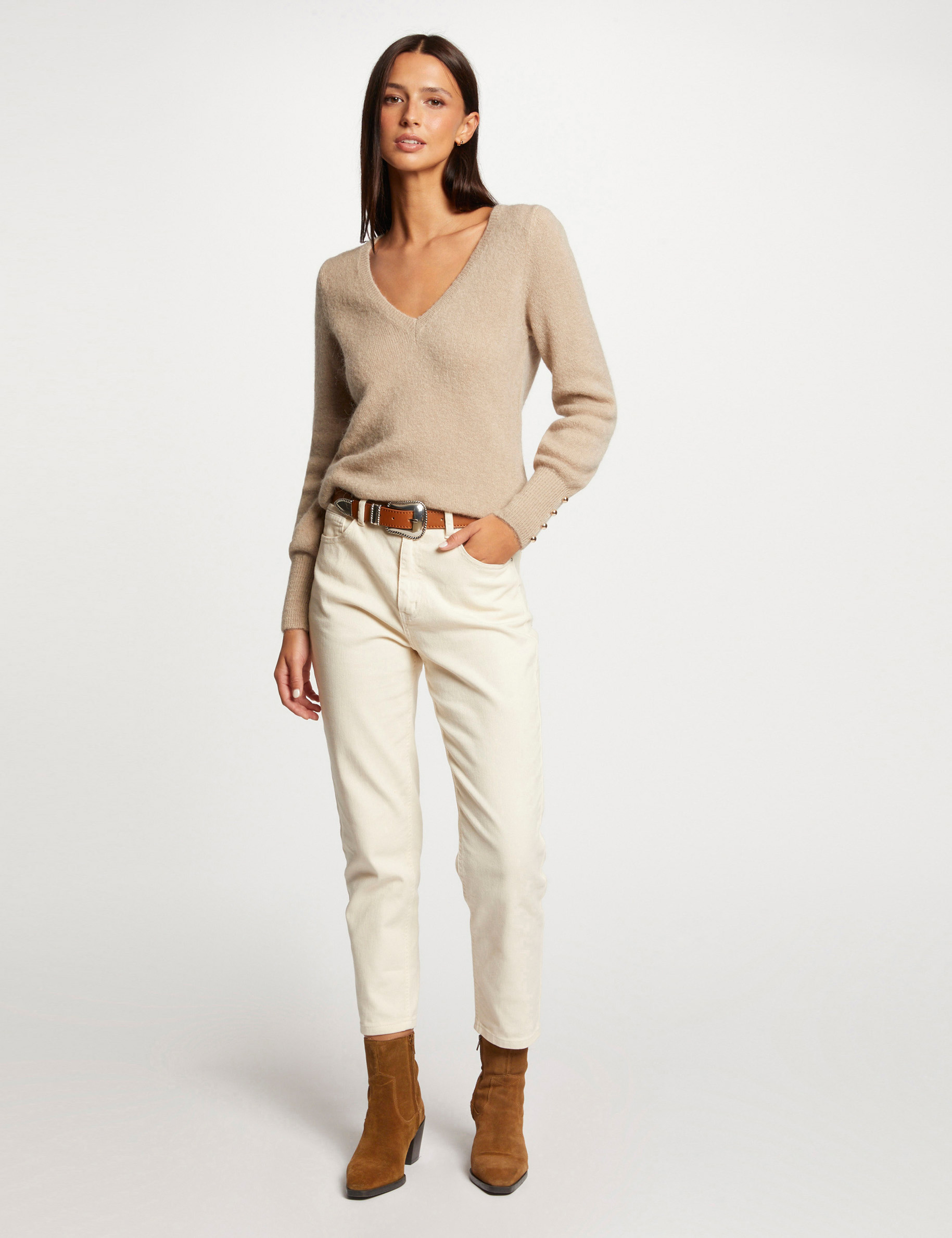 pull manches longues col en v beige femme Pull manches longues col en V beige femme