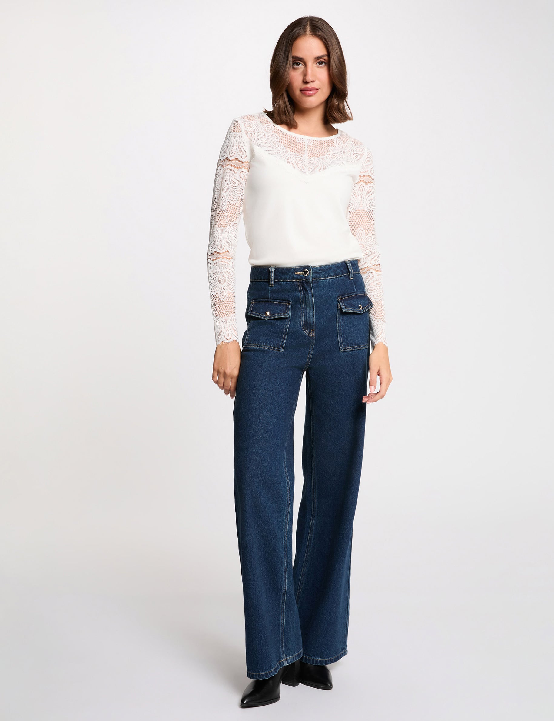 T-shirt dentelle manches longues blanc femme