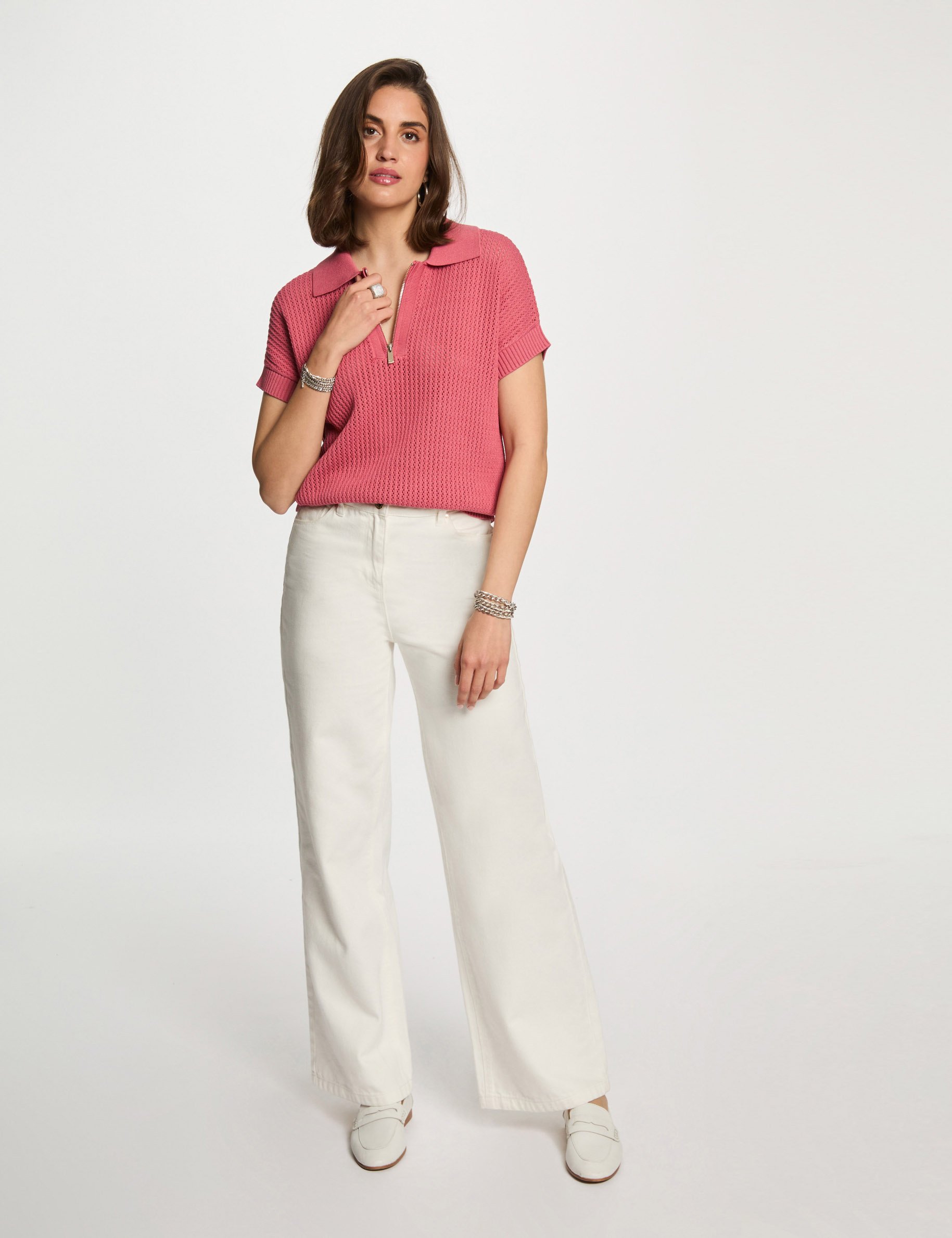 pull col polo zippe vieux rose femme Pull col polo zippé vieux rose femme