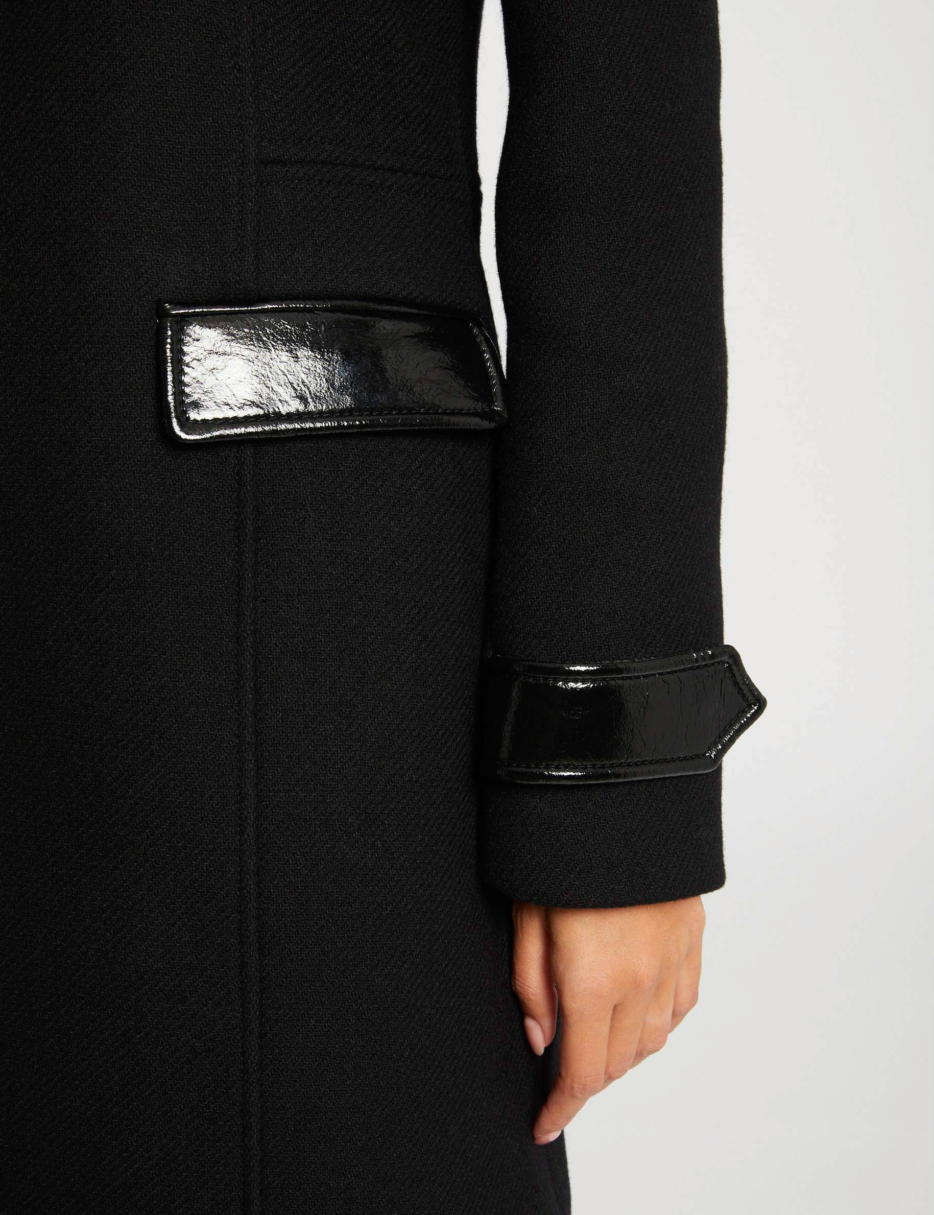 Manteau droit détails simili cuir noir femme