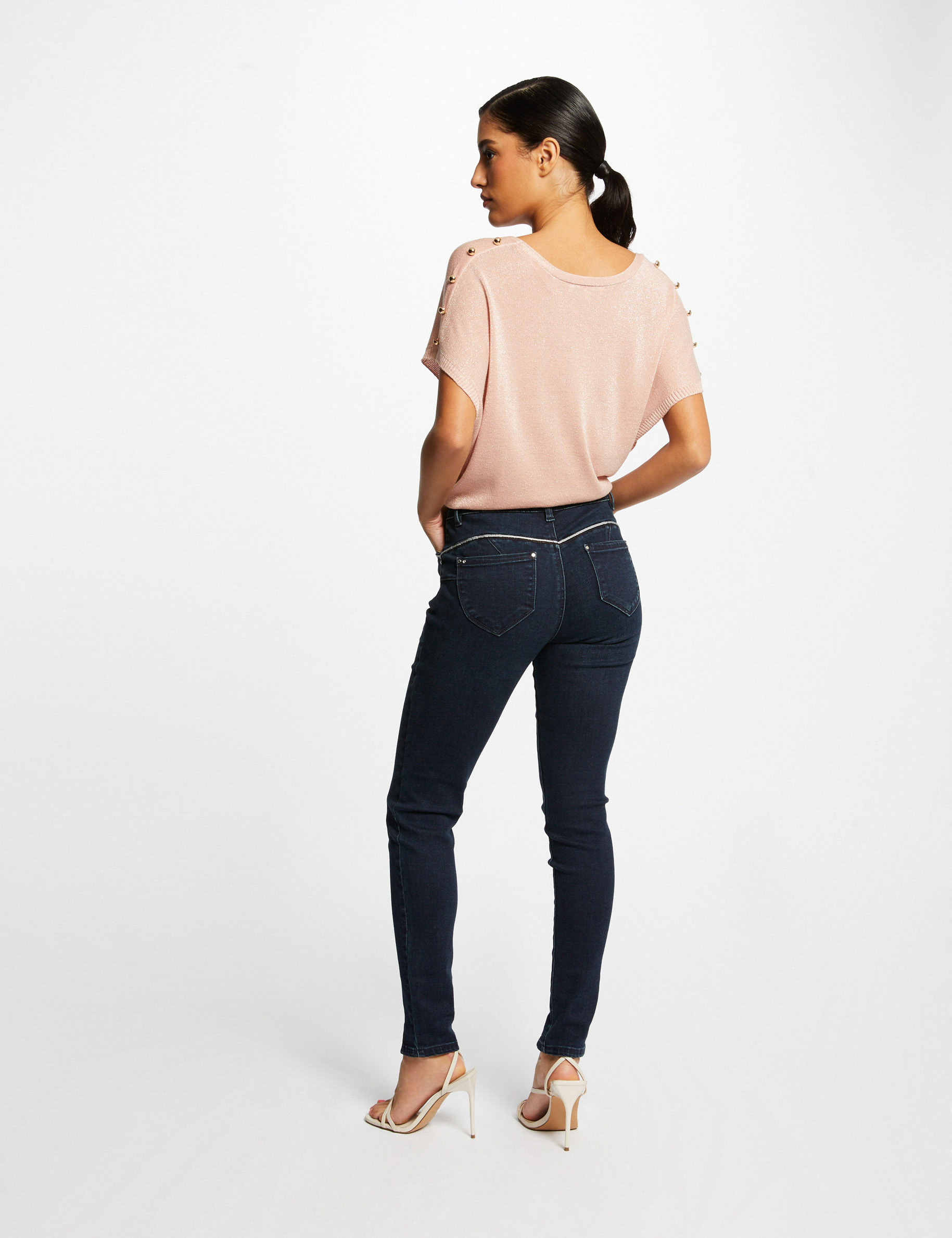 Pull manches courtes à col en V rose clair femme