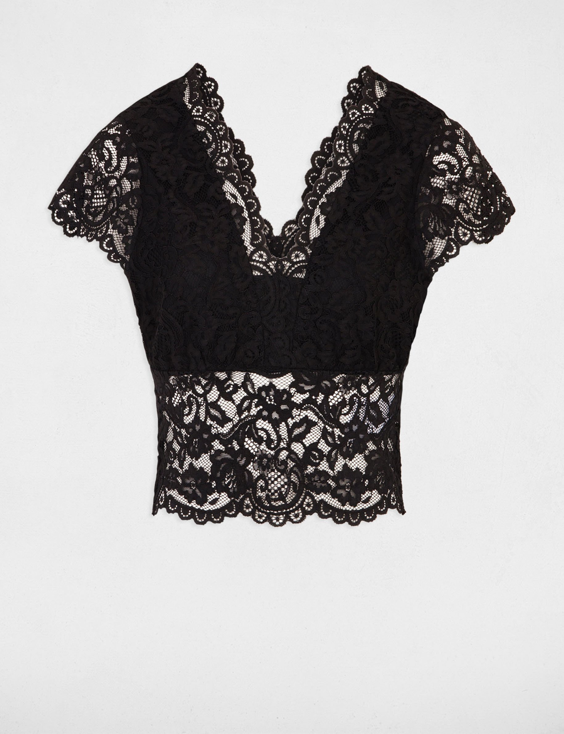 t shirt a dentelle col en v noir femme T-shirt à dentelle col en V noir femme