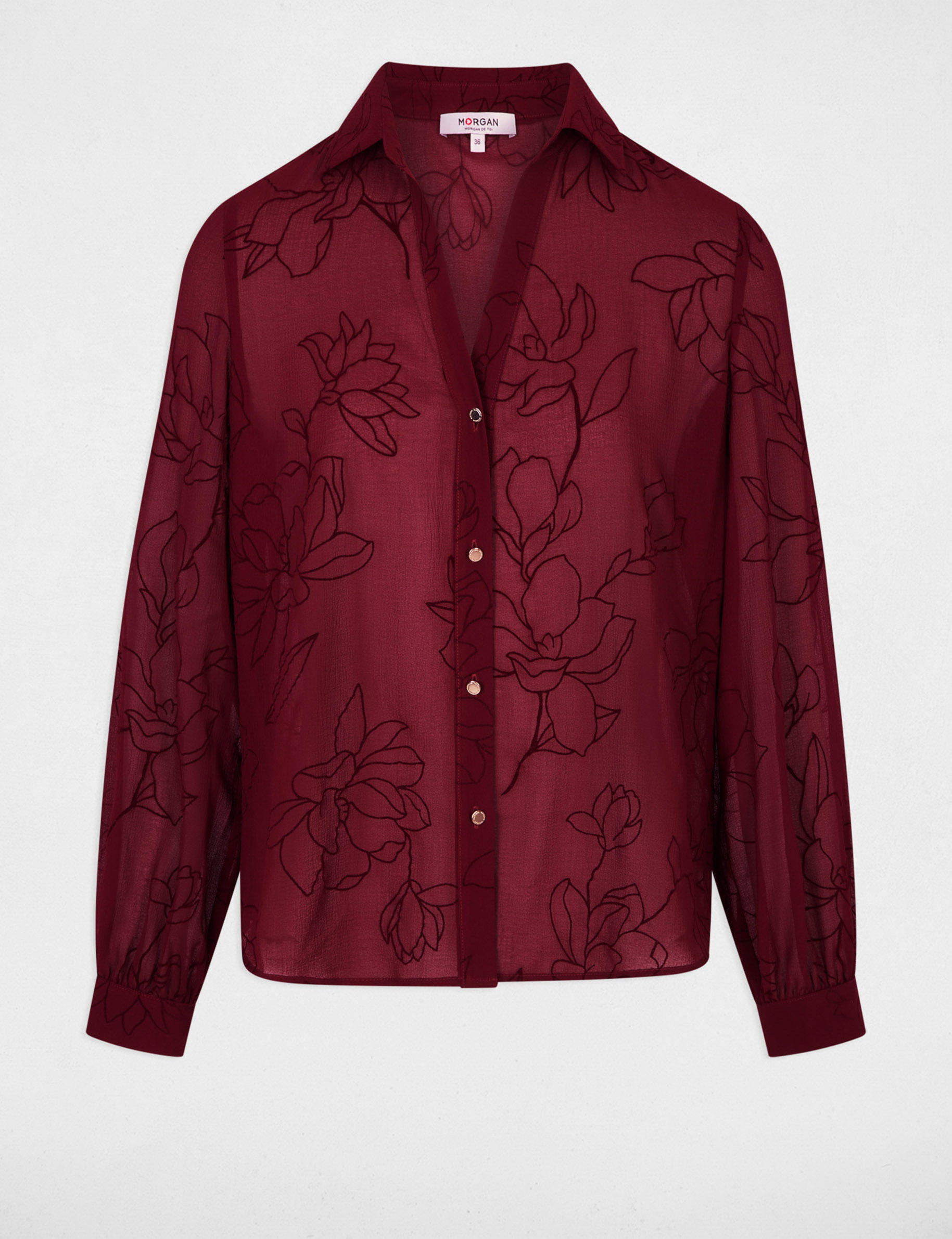 Chemise voile imprim&eacute;e bordeaux femme
