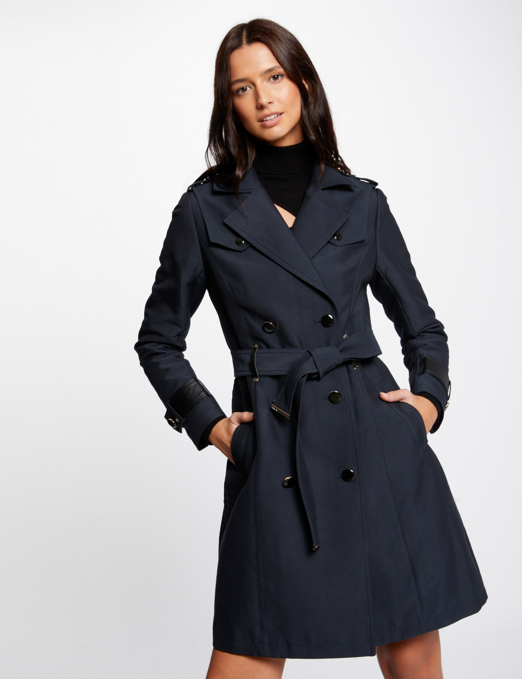 Trench ceintur d tails simili cuir marine femme