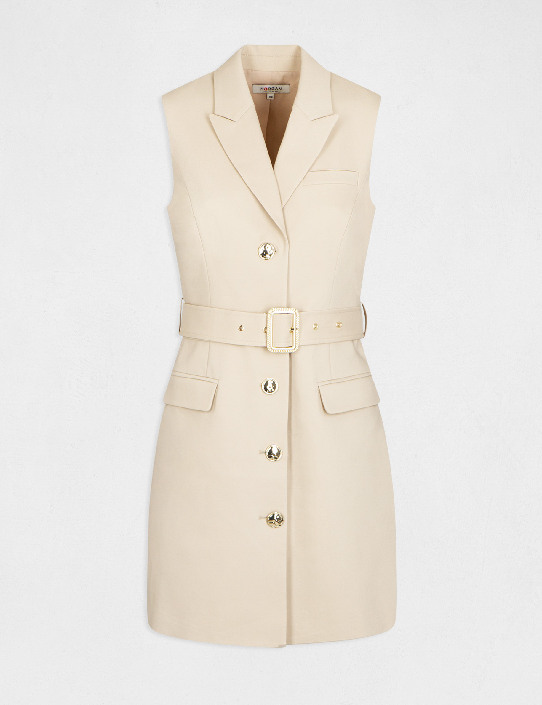 Robe droite sans manches ceinturée beige femme Robe droite sans manches ceinturée beige femme