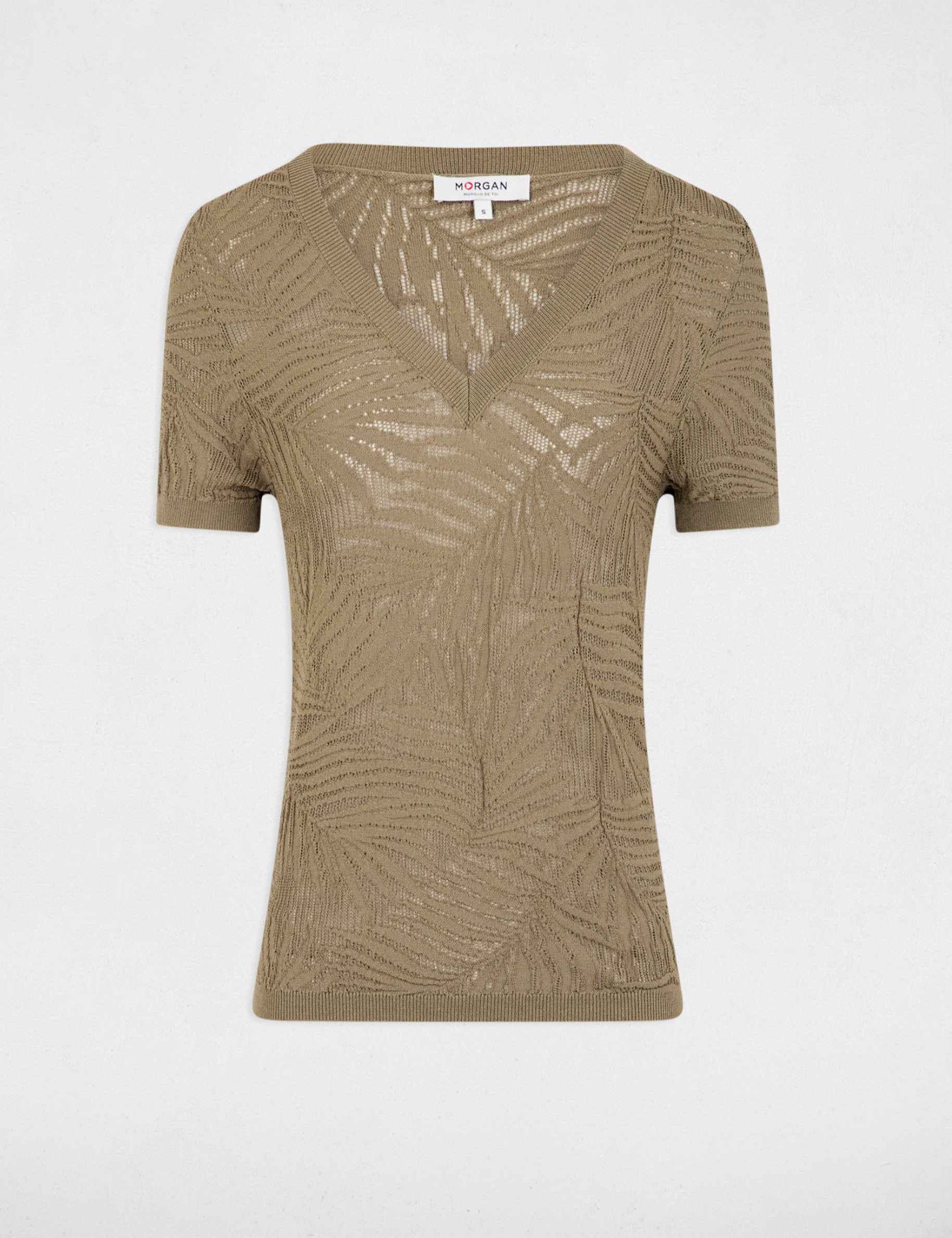 Pull manches courtes ajour&eacute; vert kaki femme