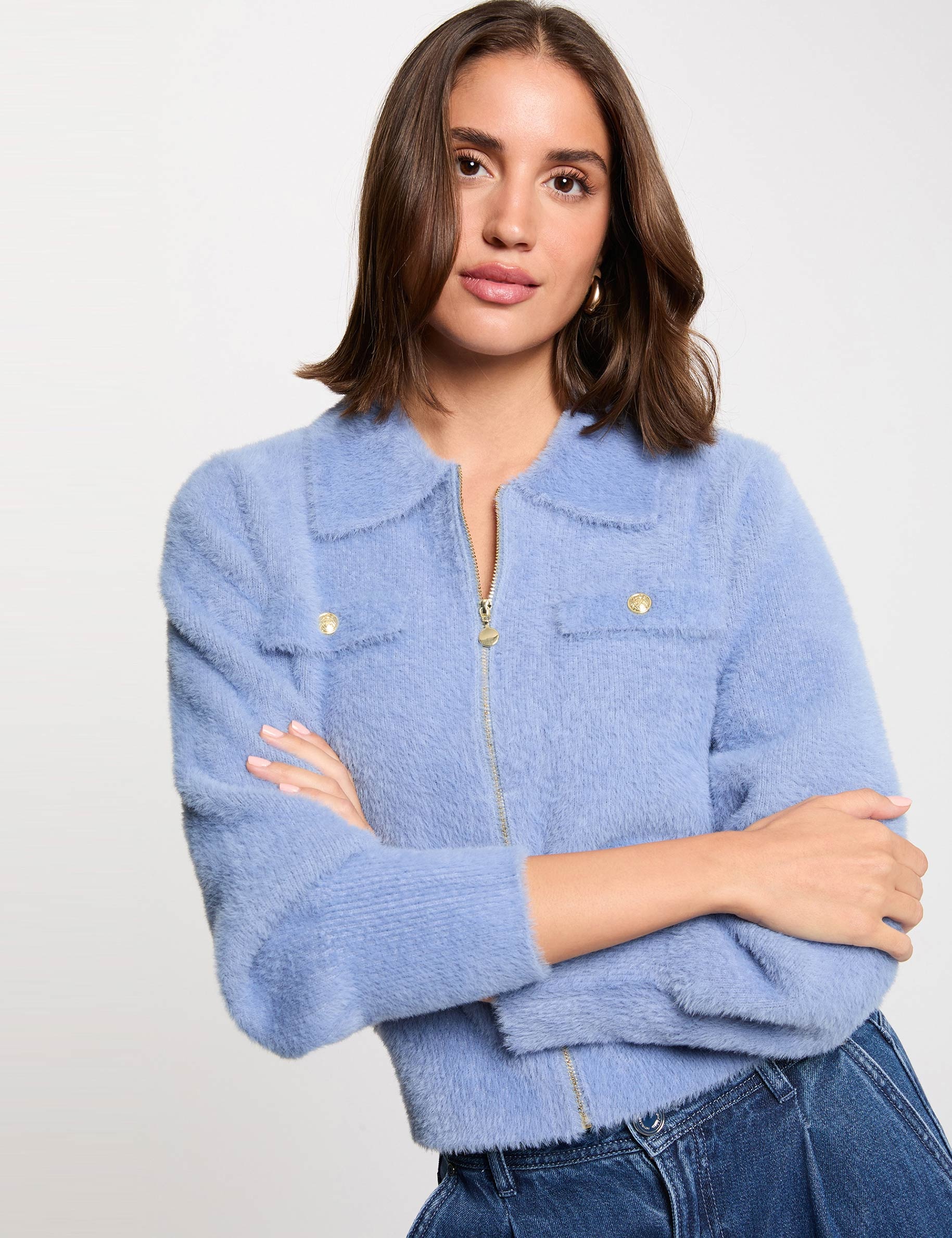 Gilet manches longues col &agrave; revers bleu femme